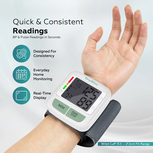 Wrist blood pressure monitor with a hand wearing it, displaying quick and consistent readings.
