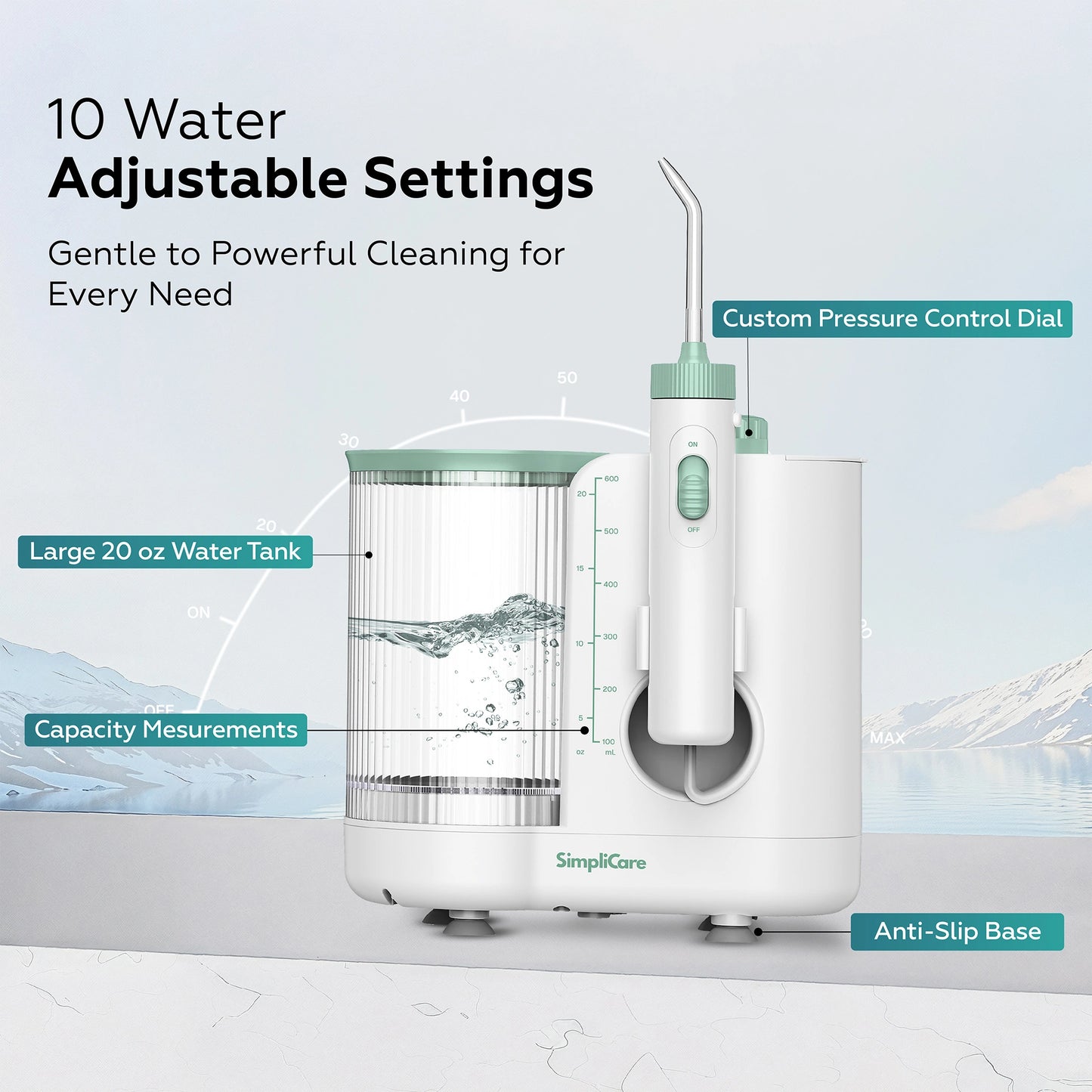 Water flosser with adjustable settings on a light gray background