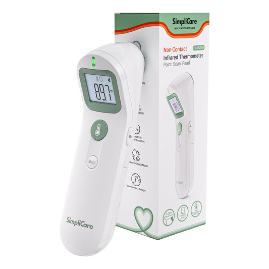 SimpliCare non-contact infrared thermometer with packaging on a white background