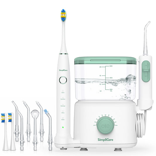 SimpliCare dental care product set with water flosser, electric toothbrush, and various nozzles on a white background.