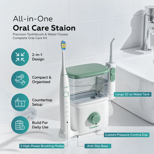 All-in-One Oral Care Station with toothbrush and water flosser on a bathroom counter.