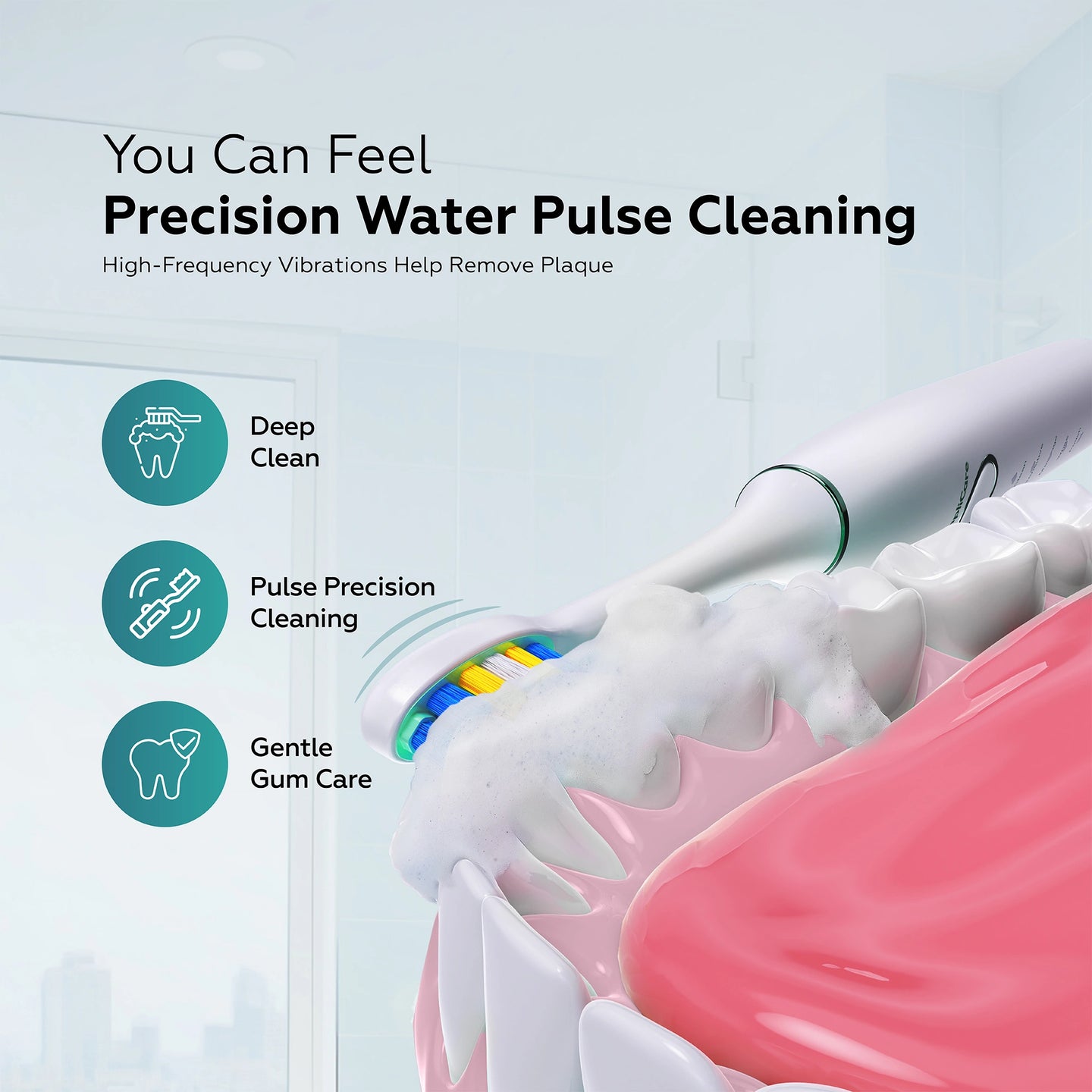 Oral care product with text about precision water pulse cleaning and its benefits.