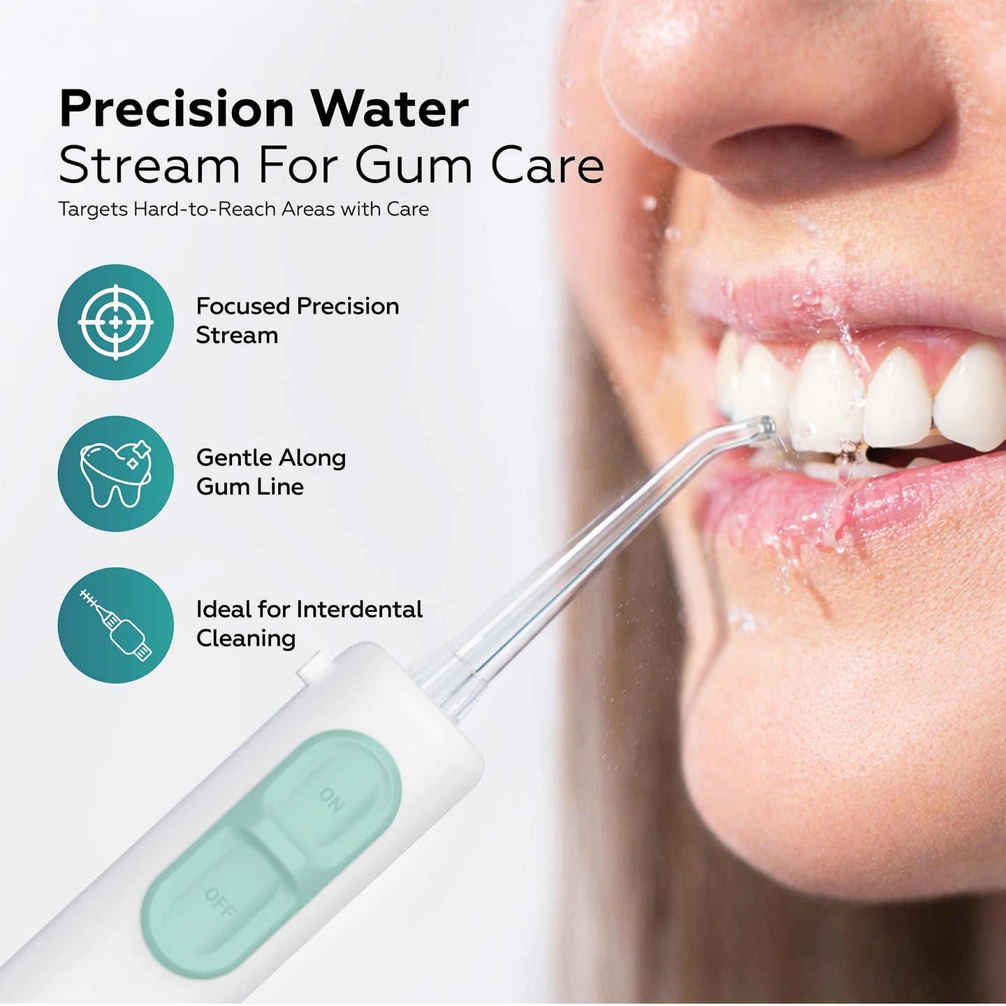 Teeth cleaning tool with text highlighting features, close-up of teeth being cleaned.