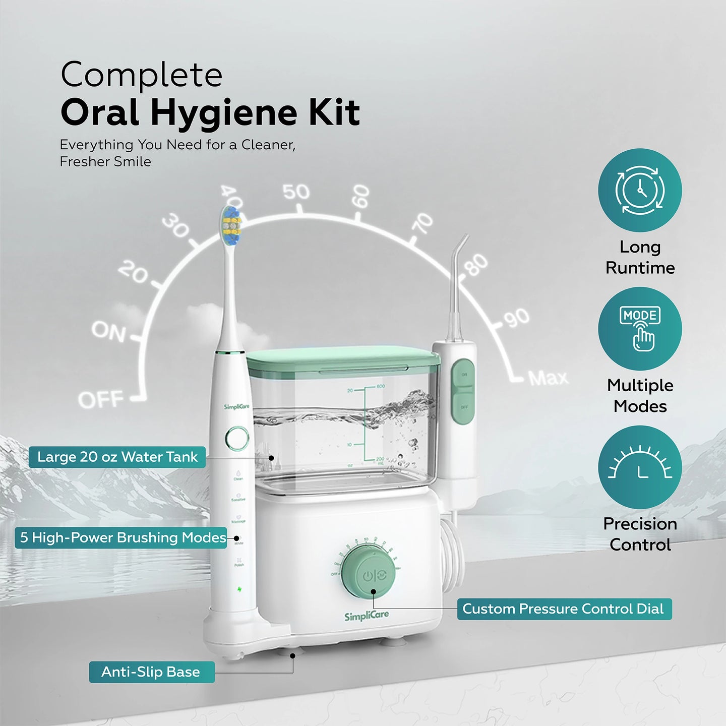 Oral hygiene kit with water flosser and toothbrush on a light gray background