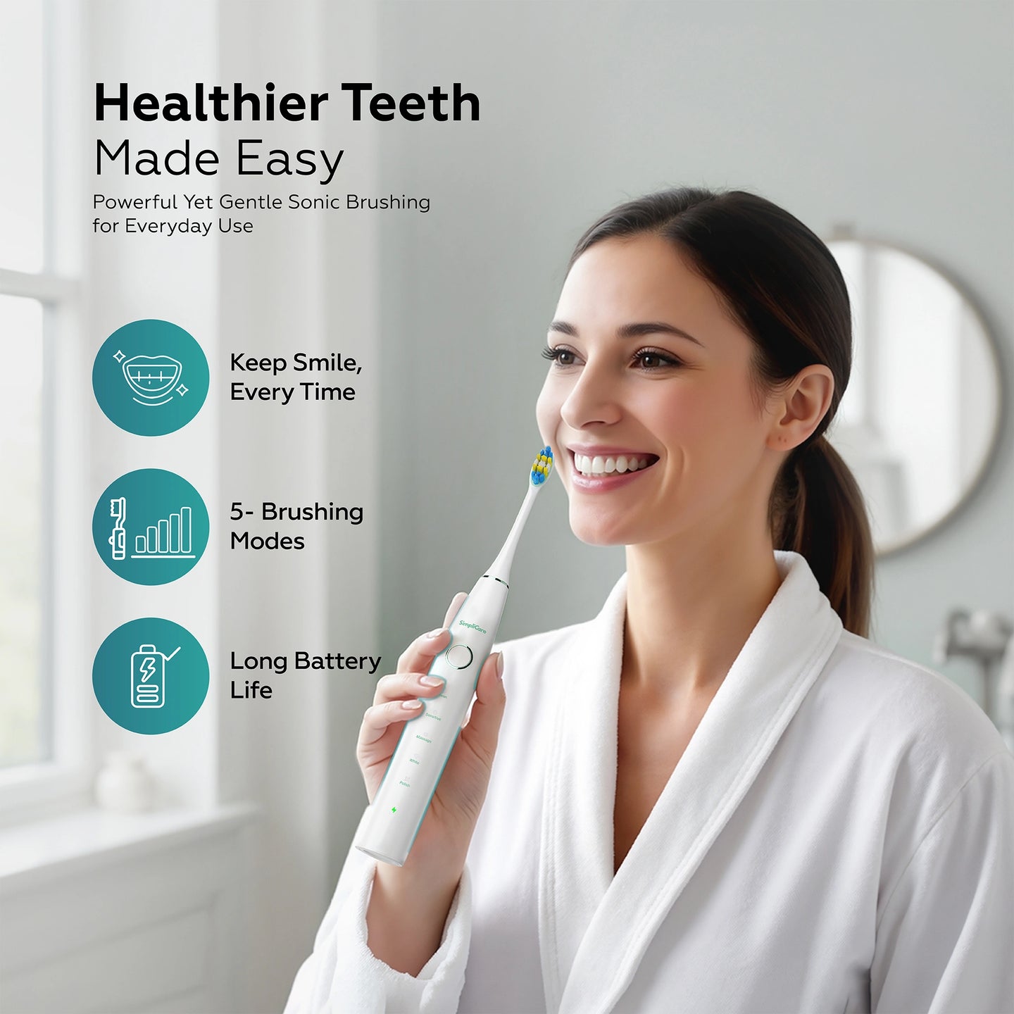 Woman using an electric toothbrush with product features highlighted on a bathroom background