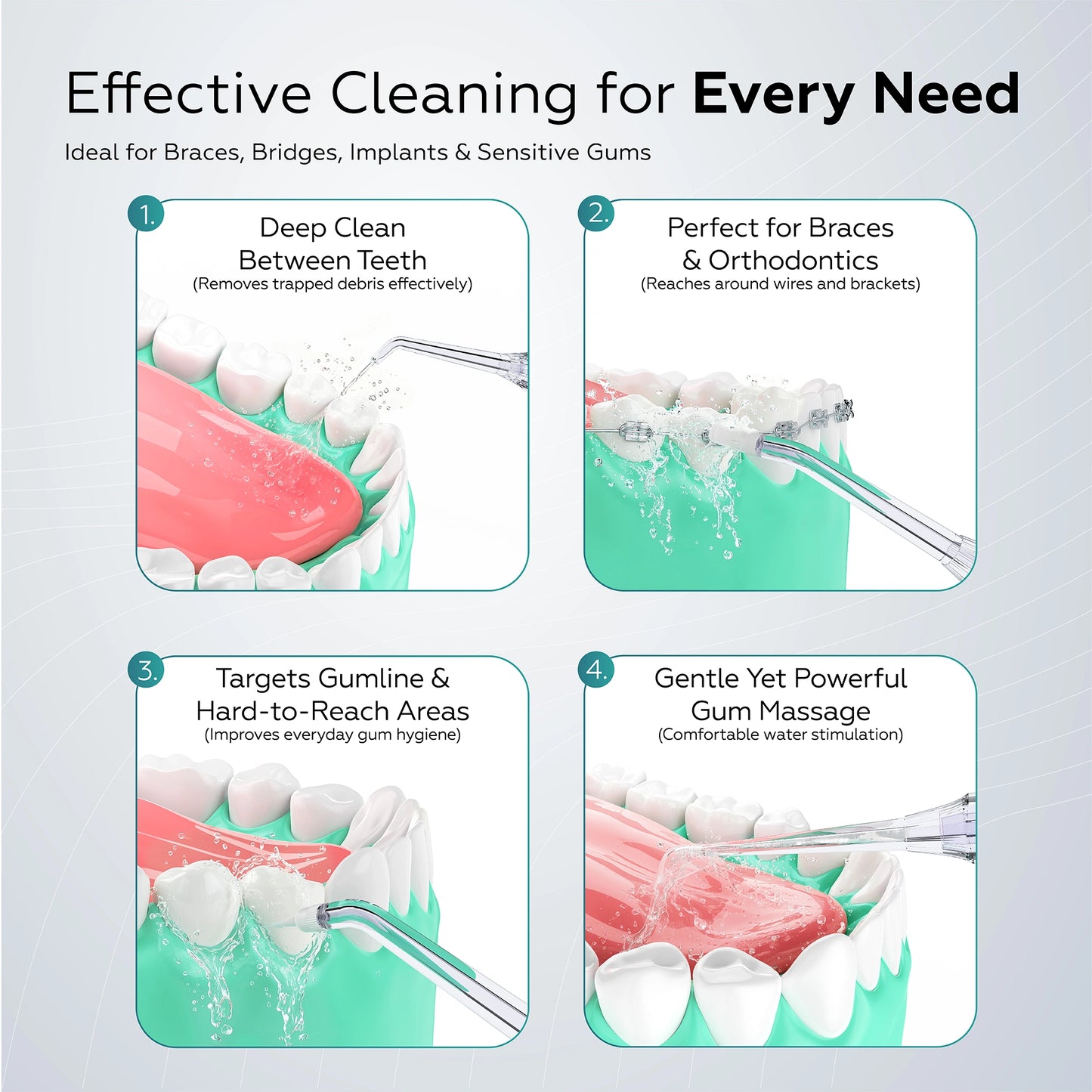 Product advertisement for dental cleaning tool with text highlighting its features.
