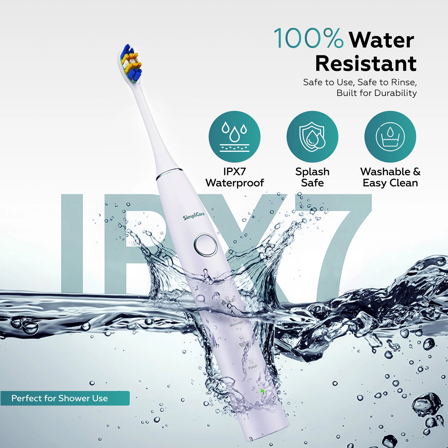 Electric toothbrush with water resistance features on a white background