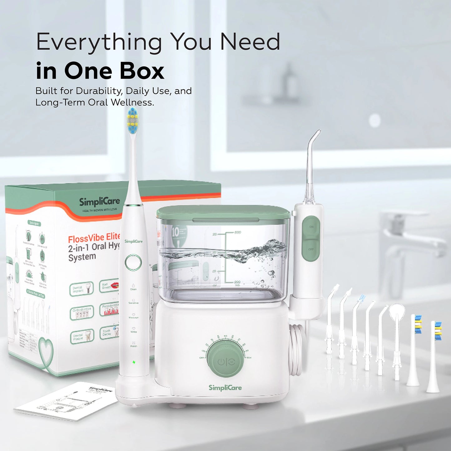 SimpliCare dental hygiene system with packaging on a white background