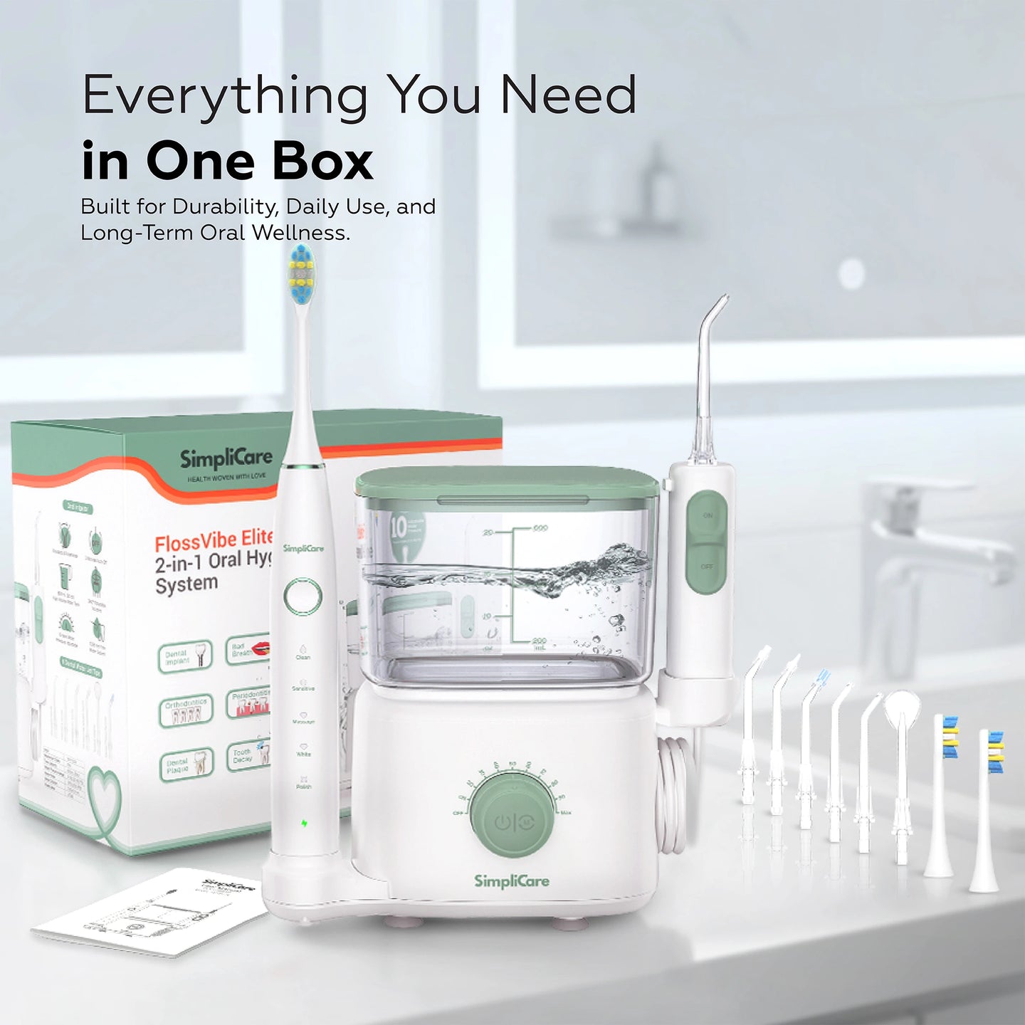 SimpliCare dental hygiene system with packaging on a white background