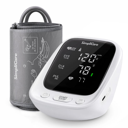 SimpliCare blood pressure monitor with gray cuff on a white background
