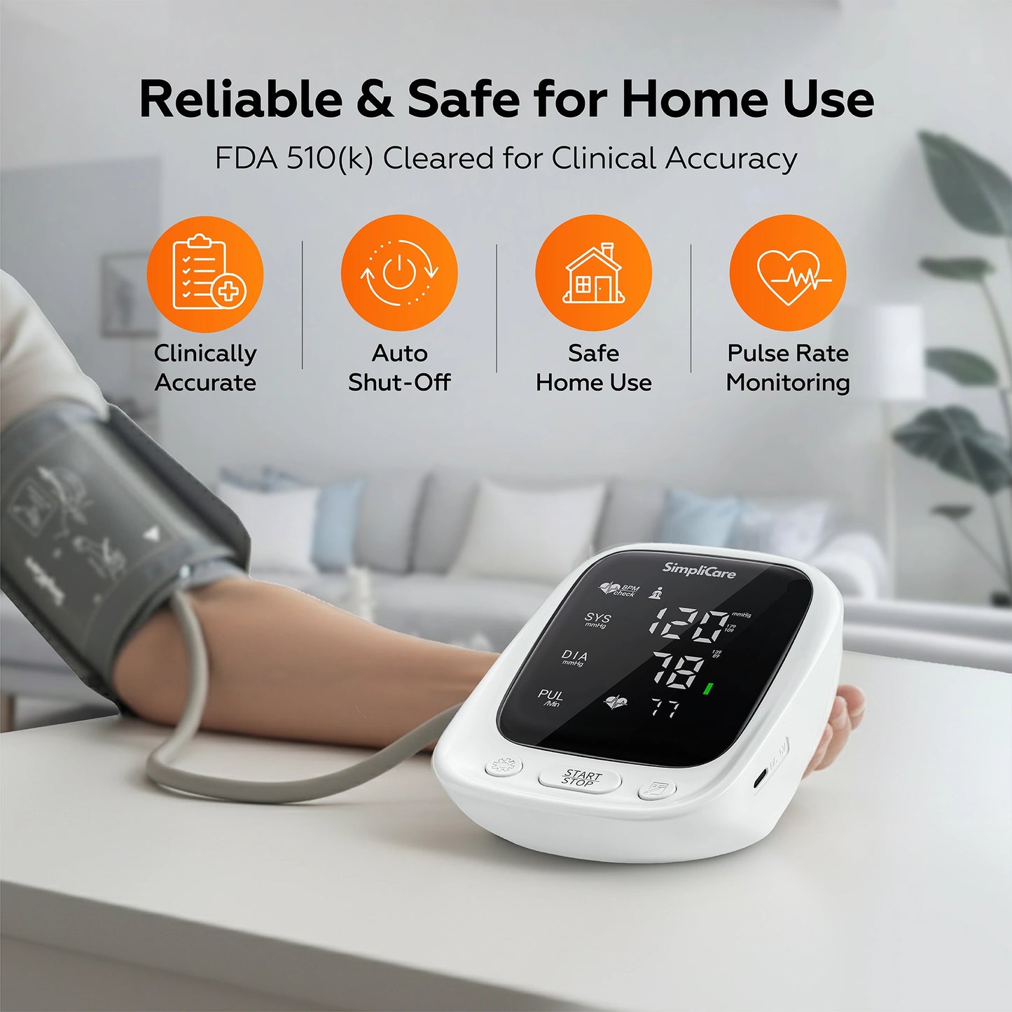 Blood pressure monitor with digital display on a table, showing clinical accuracy features.