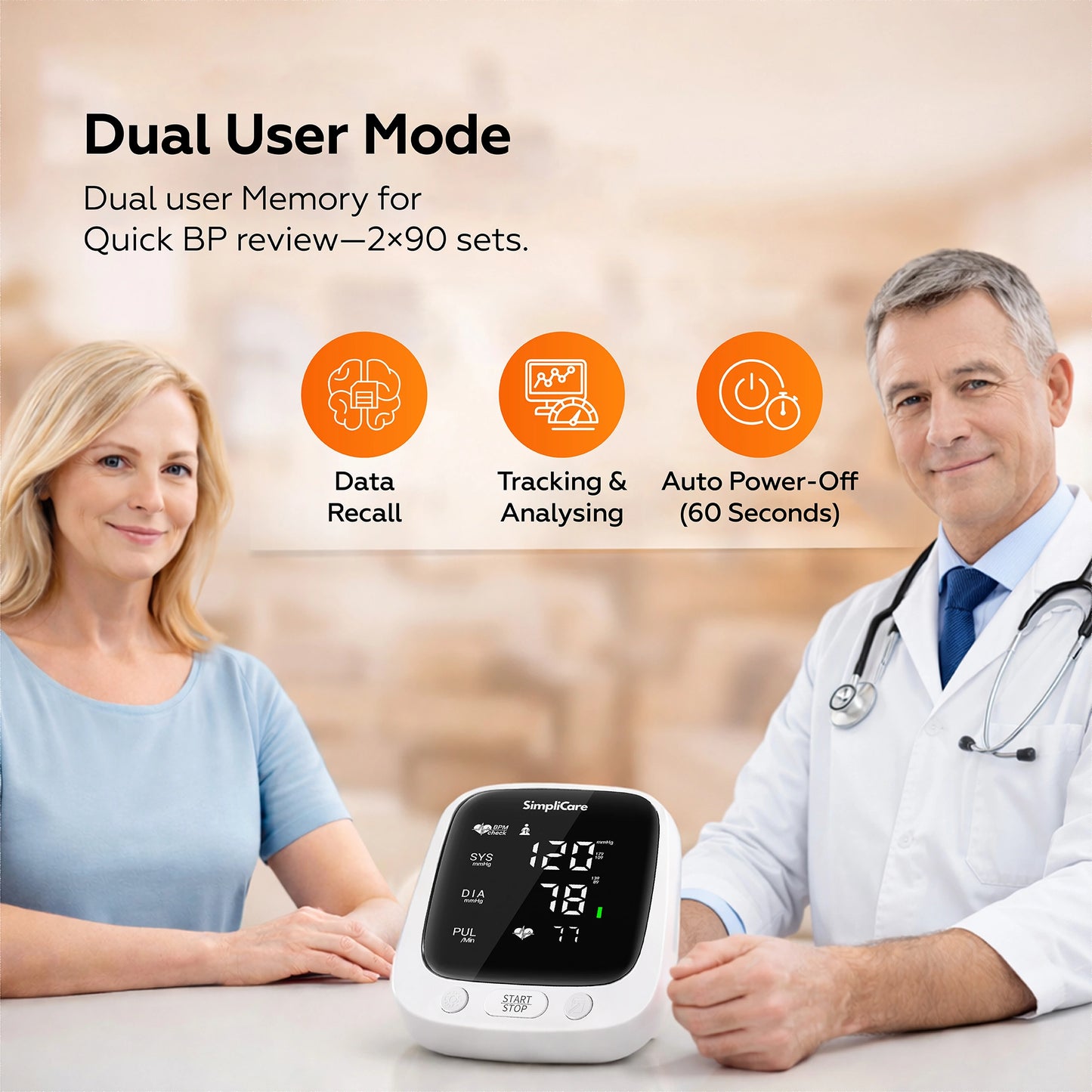 Blood pressure monitor with a woman and doctor, highlighting features like dual user mode and data recall.