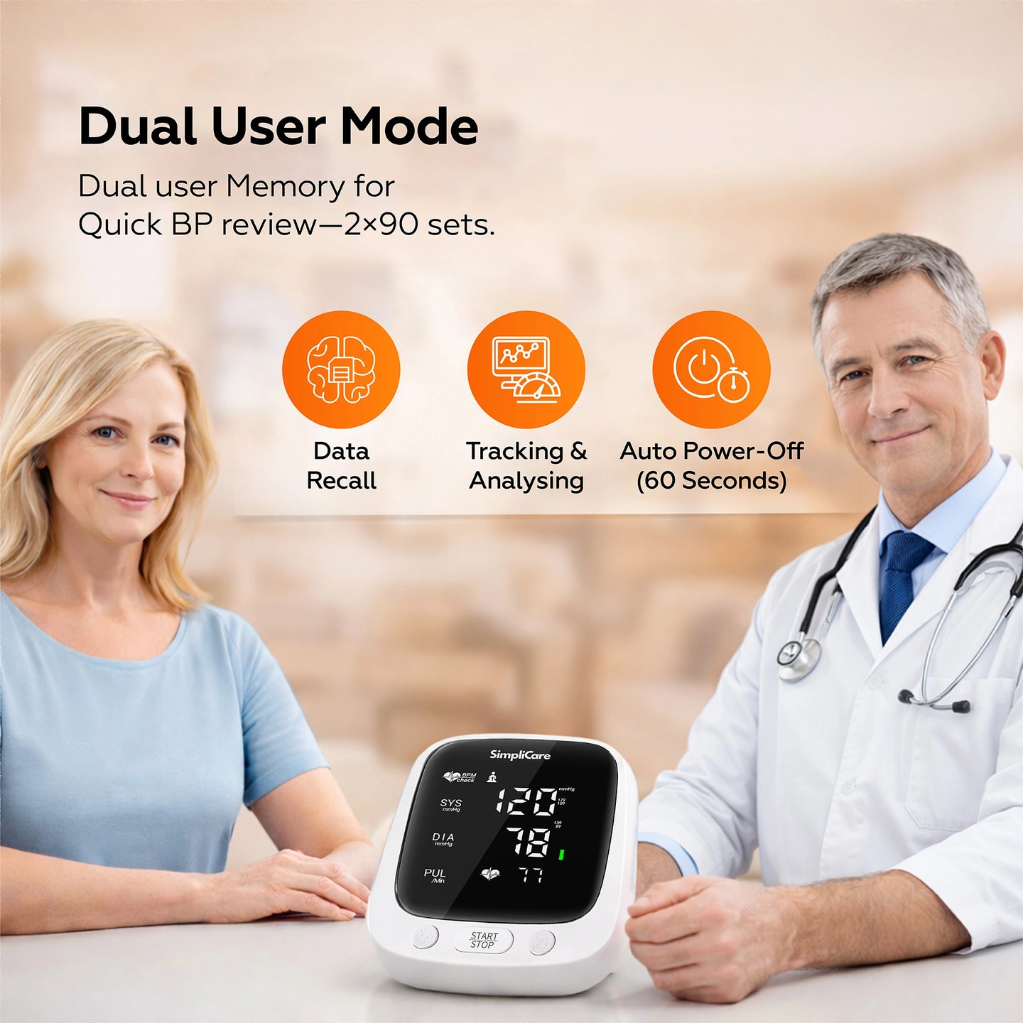 Blood pressure monitor with a woman and doctor, highlighting features like dual user mode and data recall.