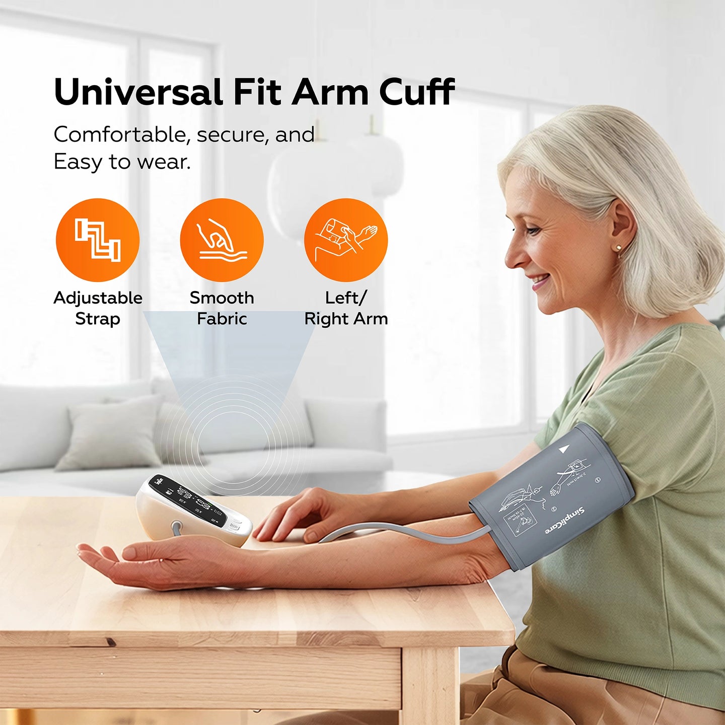 Woman using a blood pressure monitor with a universal fit arm cuff in a home setting.
