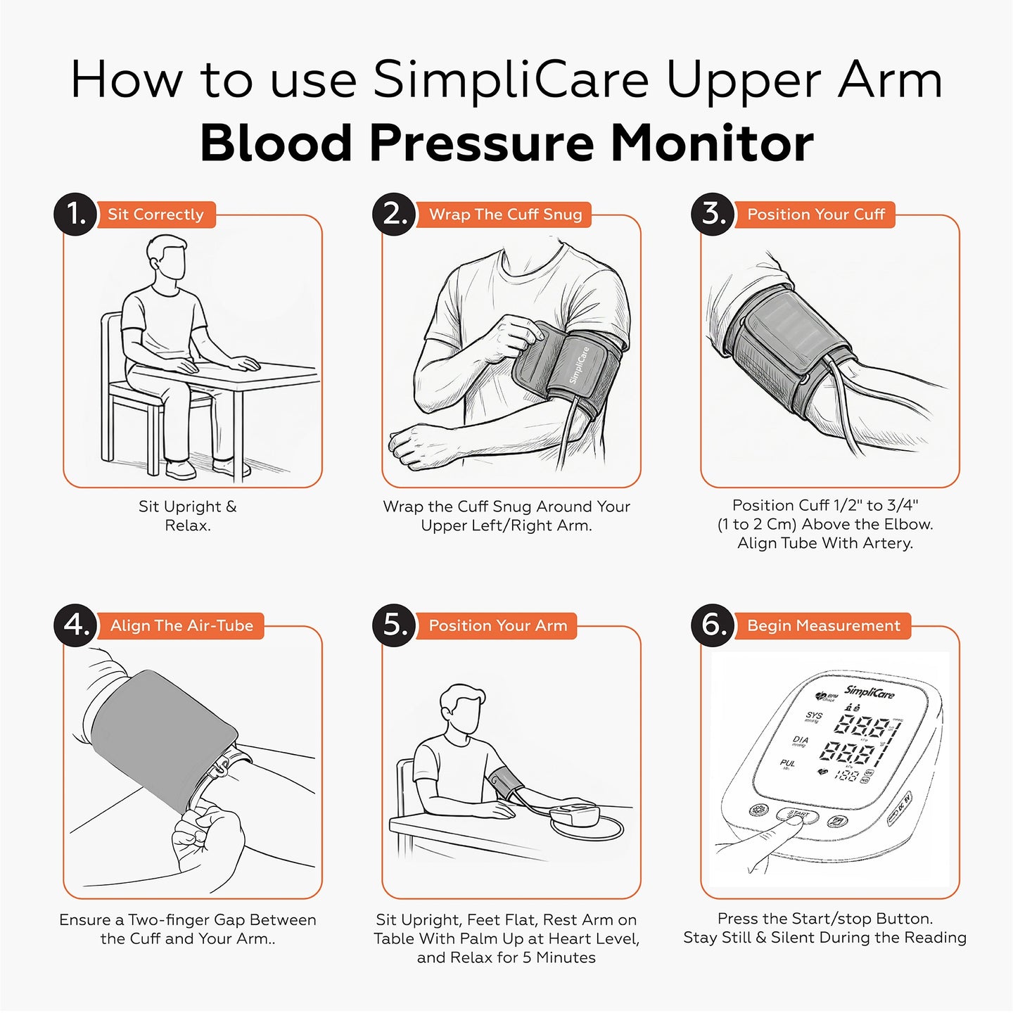 Step-by-step guide on how to use SimpliCare Upper Arm Blood Pressure Monitor with illustrations and text.
