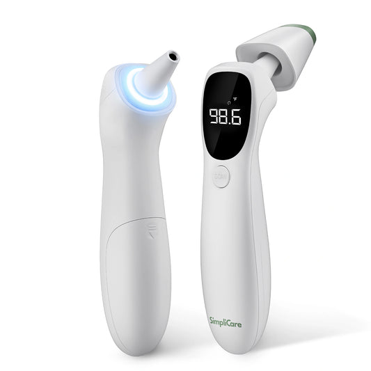 Two electronic thermometers on a white background, one displaying a temperature reading.