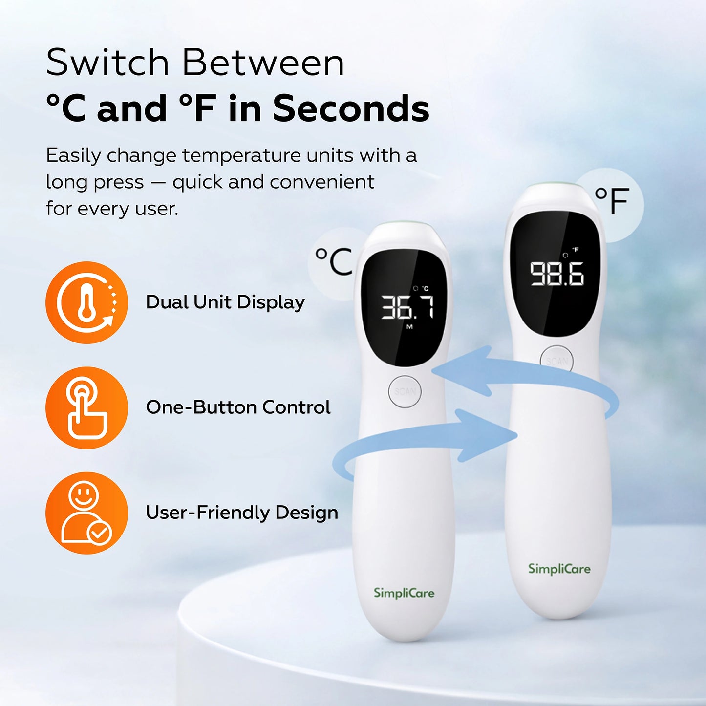 Two digital thermometers with temperature display and SimpliCare branding on a light blue background.