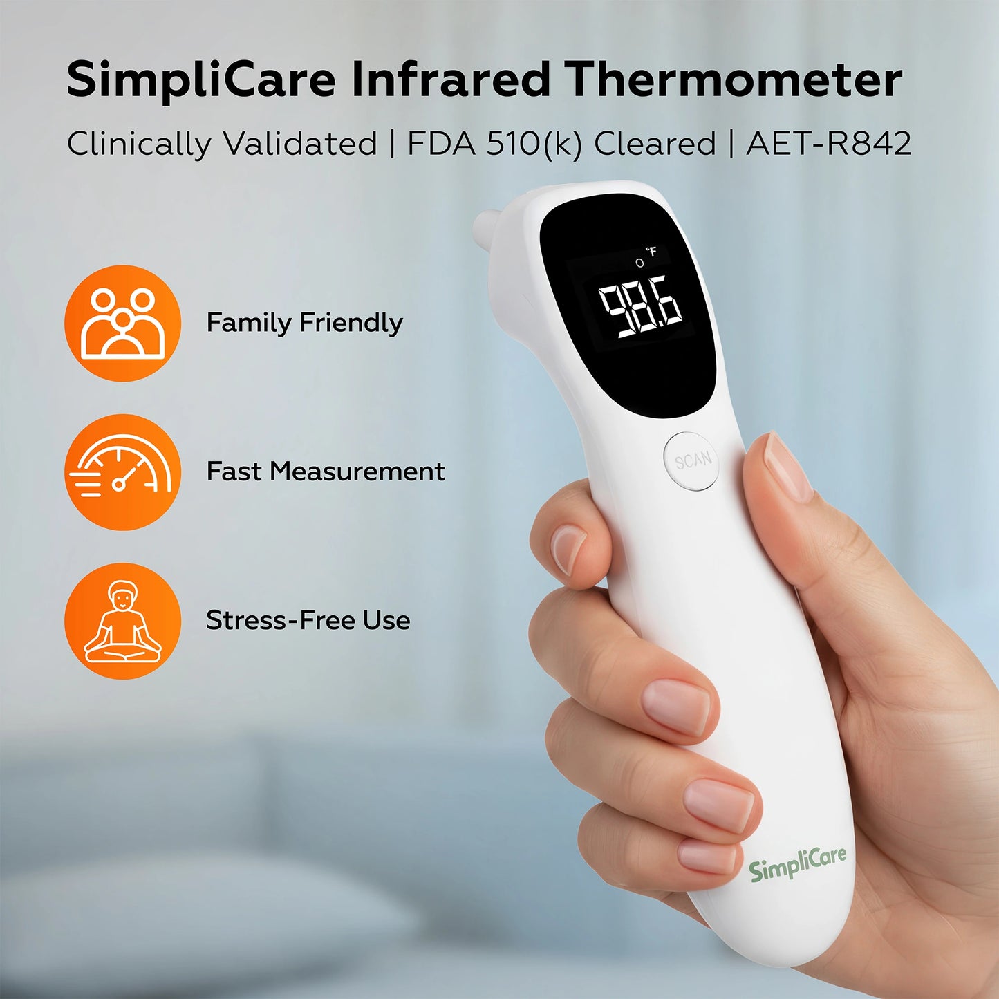 SimpliCare Infrared Thermometer held in a hand with product features listed.