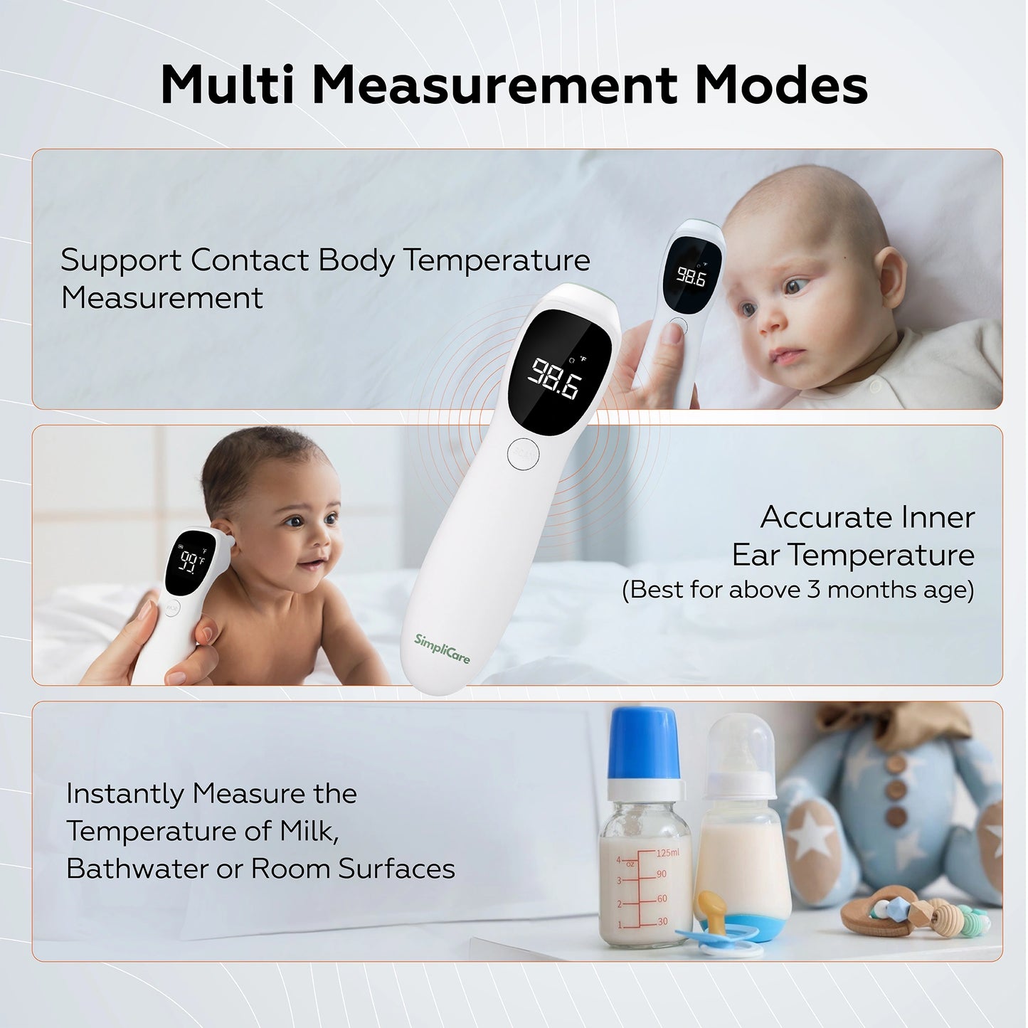 Baby thermometer with text on multi measurement modes and usage scenarios.