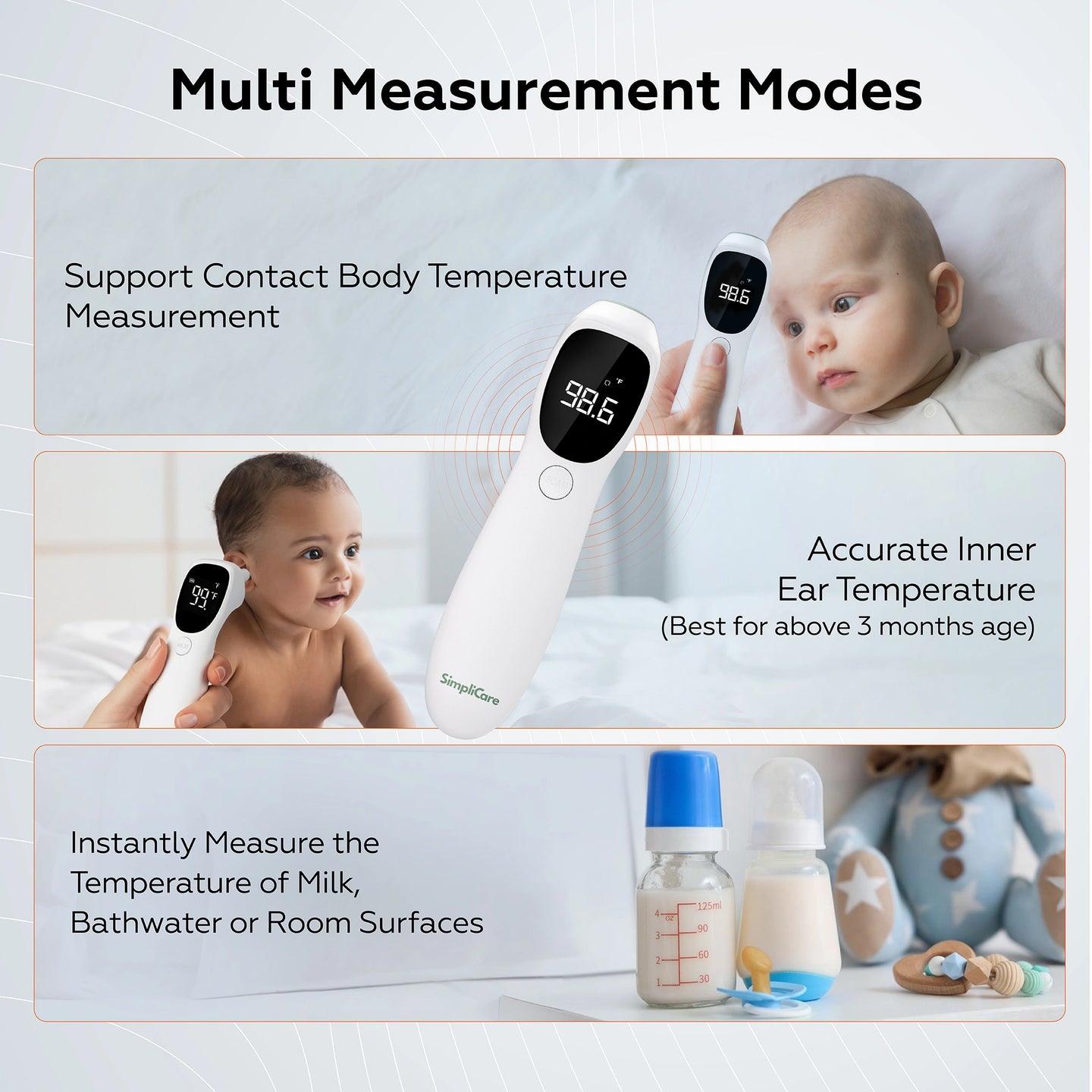 Baby thermometer with text on multi measurement modes and usage scenarios.
