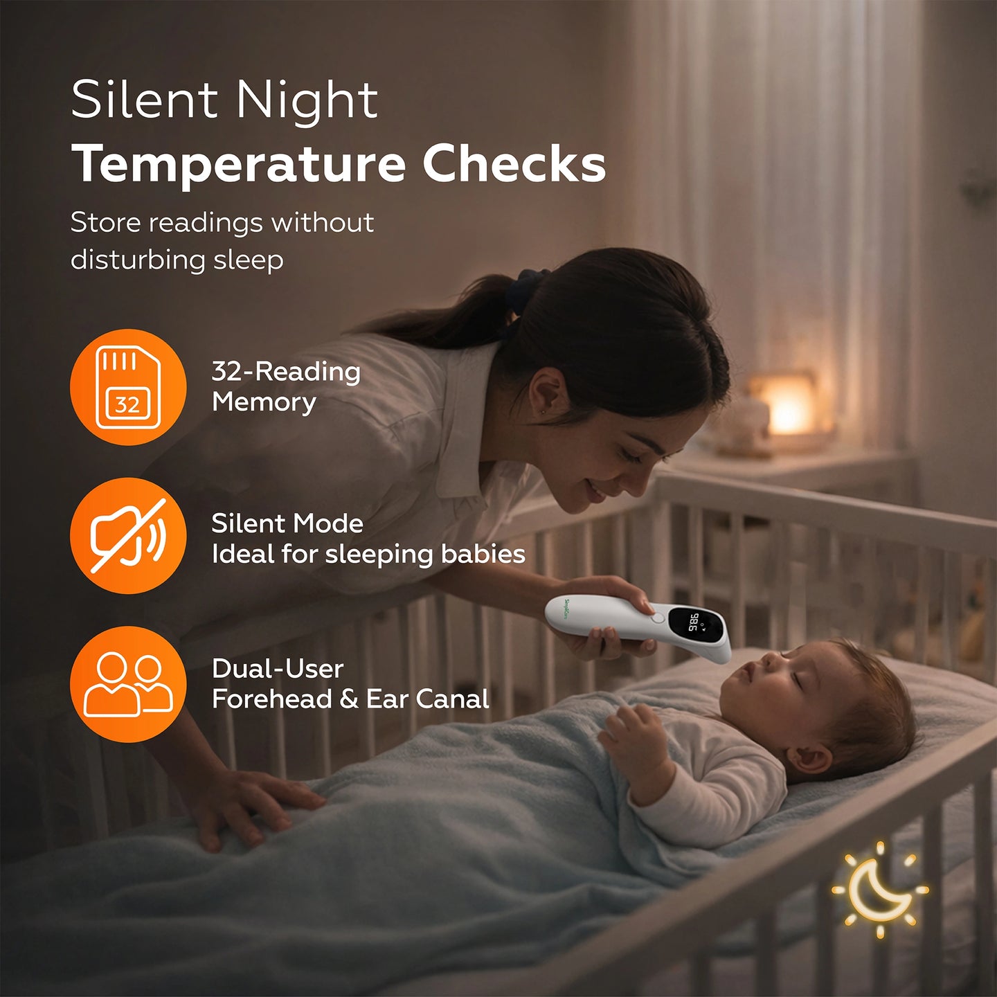 Woman checking a baby's temperature in a crib with Silent Night Temperature Checks product.