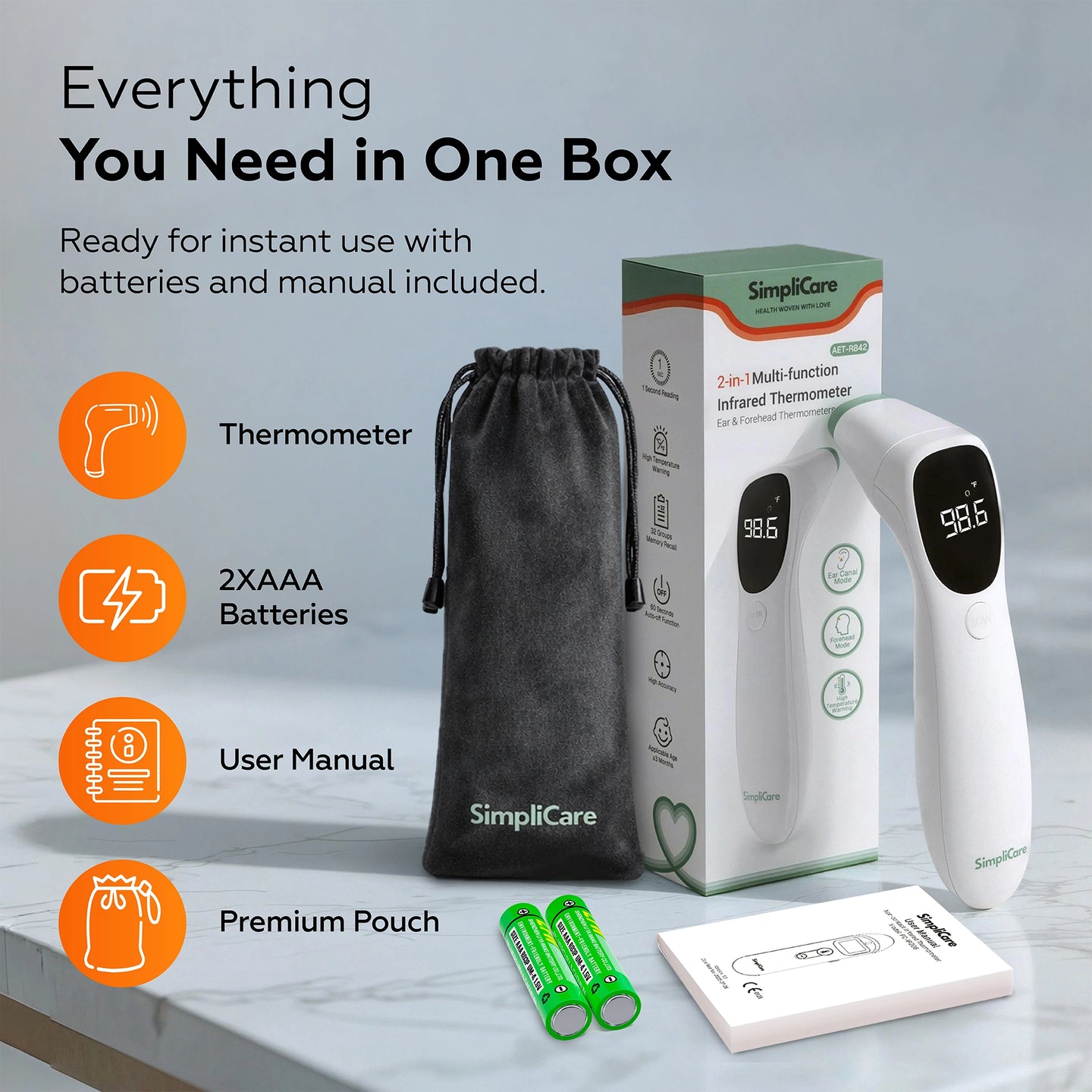 SimpliCare thermometer set with packaging, thermometer, batteries, and pouch on a gray background