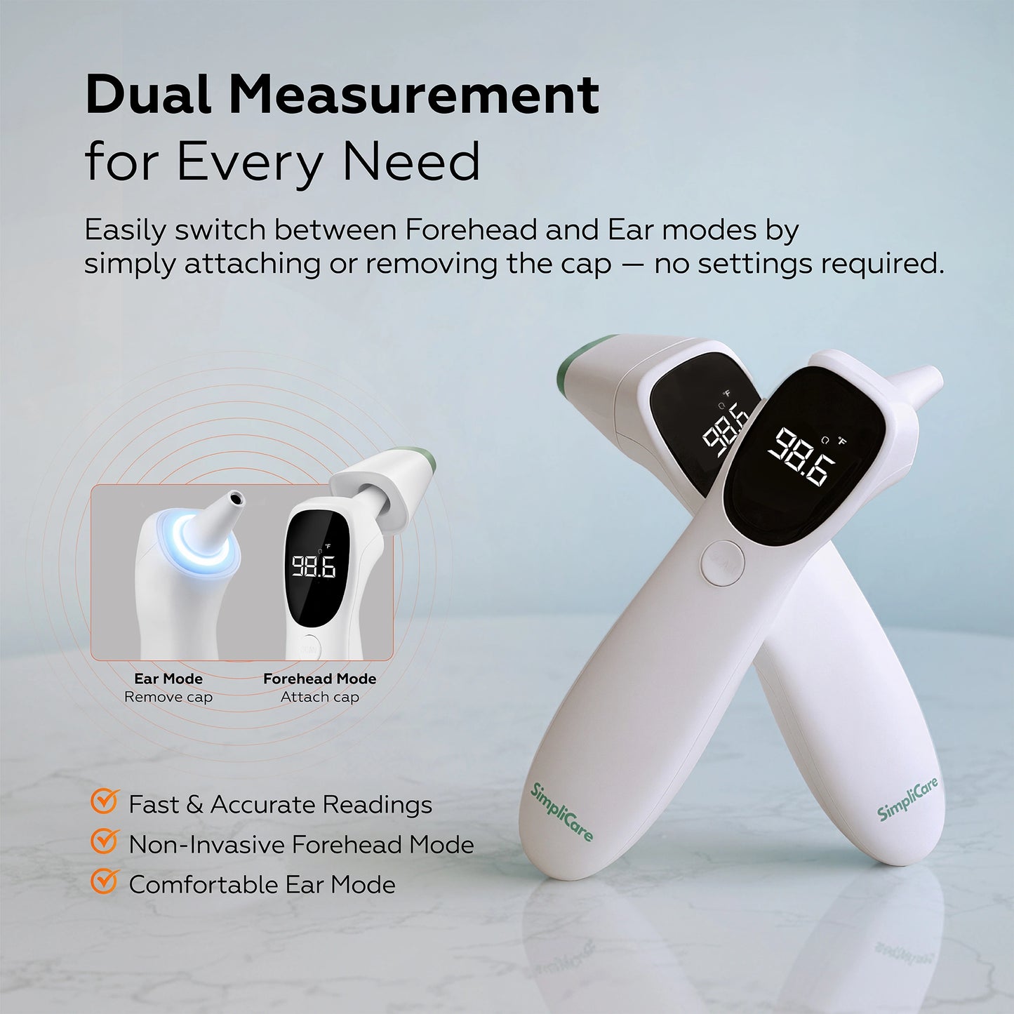 Infrared thermometer with dual measurement modes on a light gray background