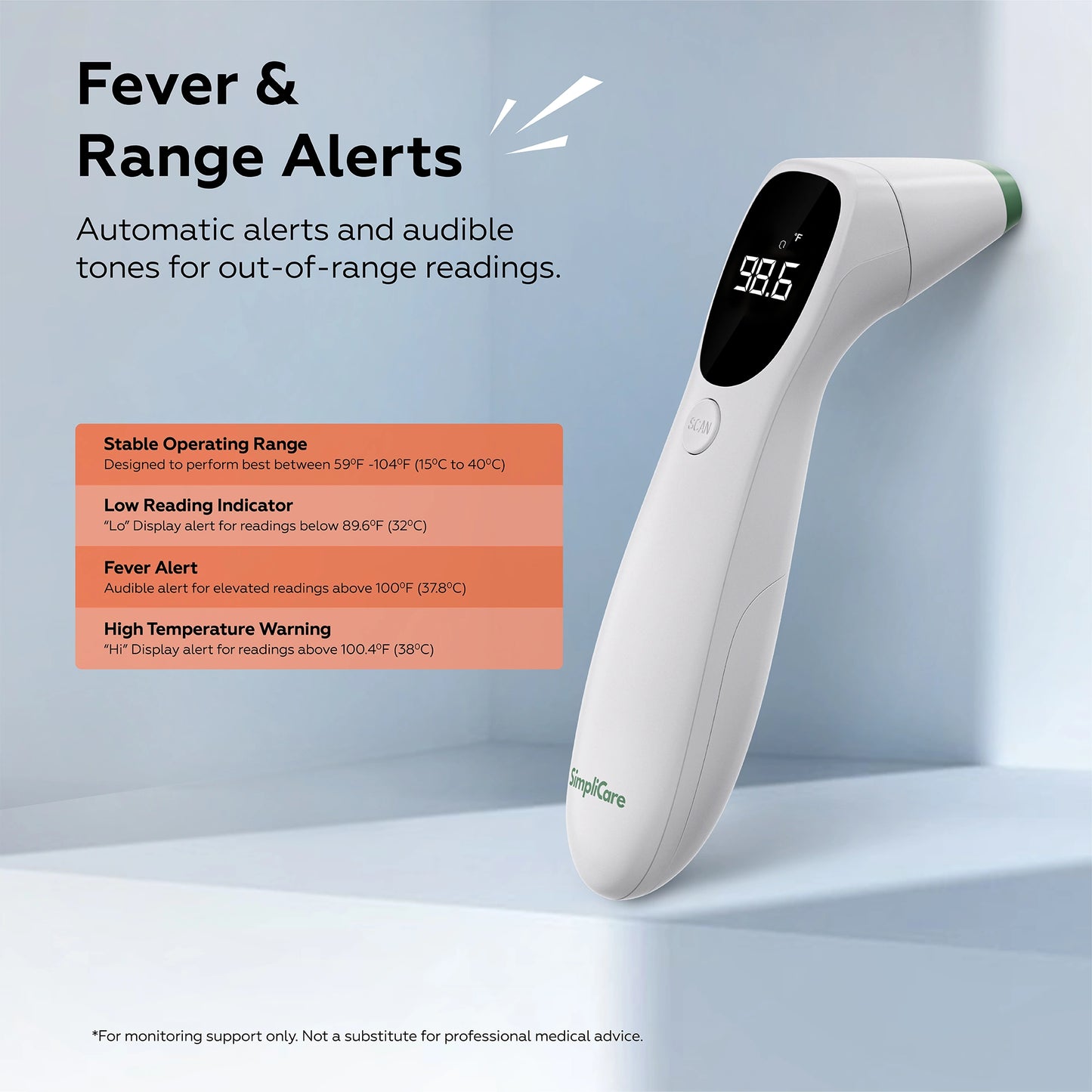 Infrared thermometer with digital display on a light blue background, featuring fever and range alerts.