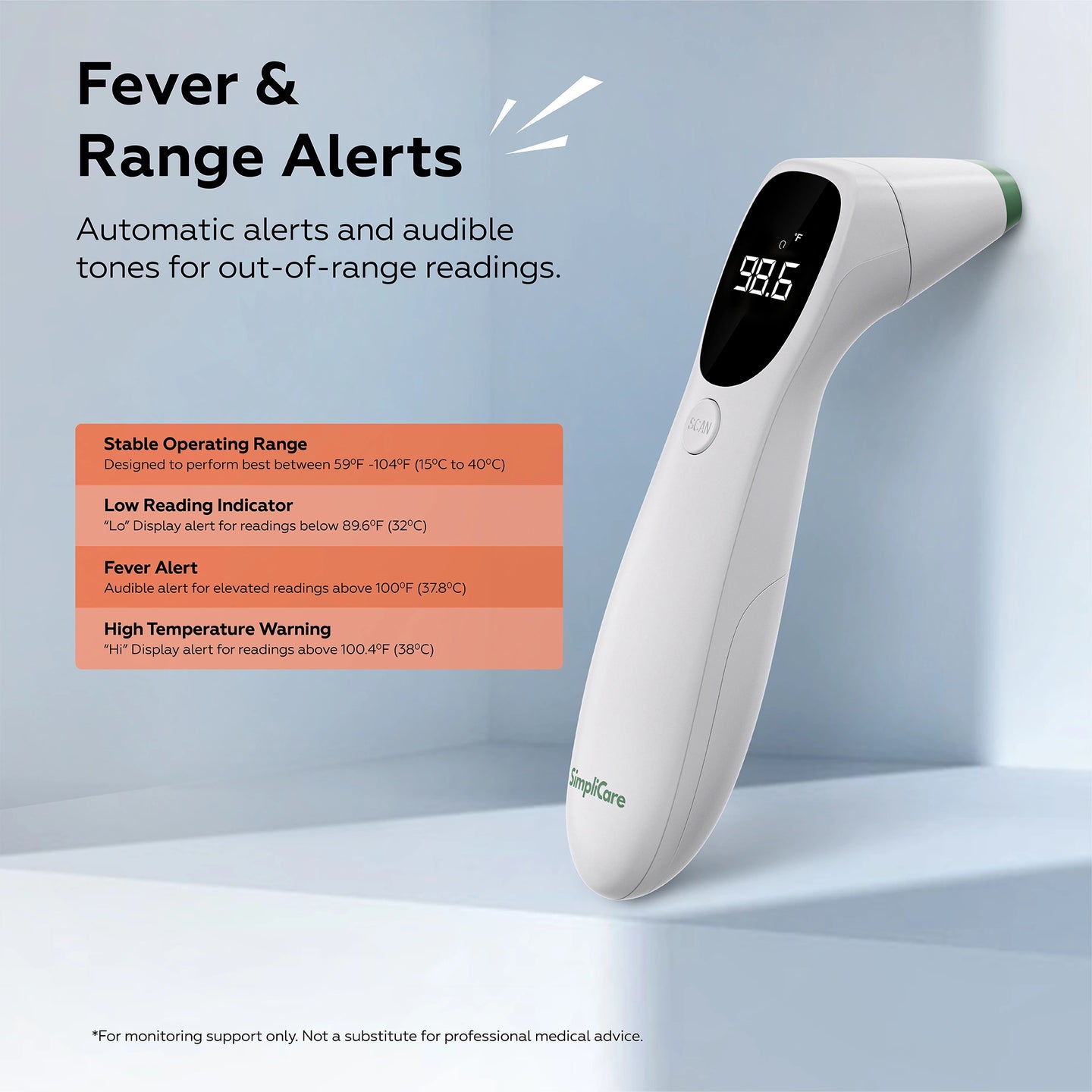 Infrared thermometer with digital display on a light blue background, featuring fever and range alerts.