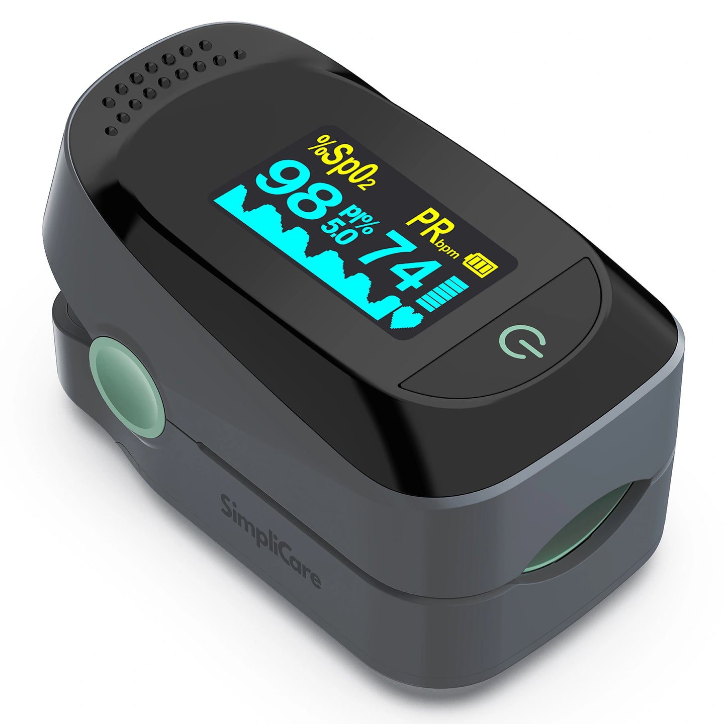 Finger pulse oximeter with digital display on a white background
