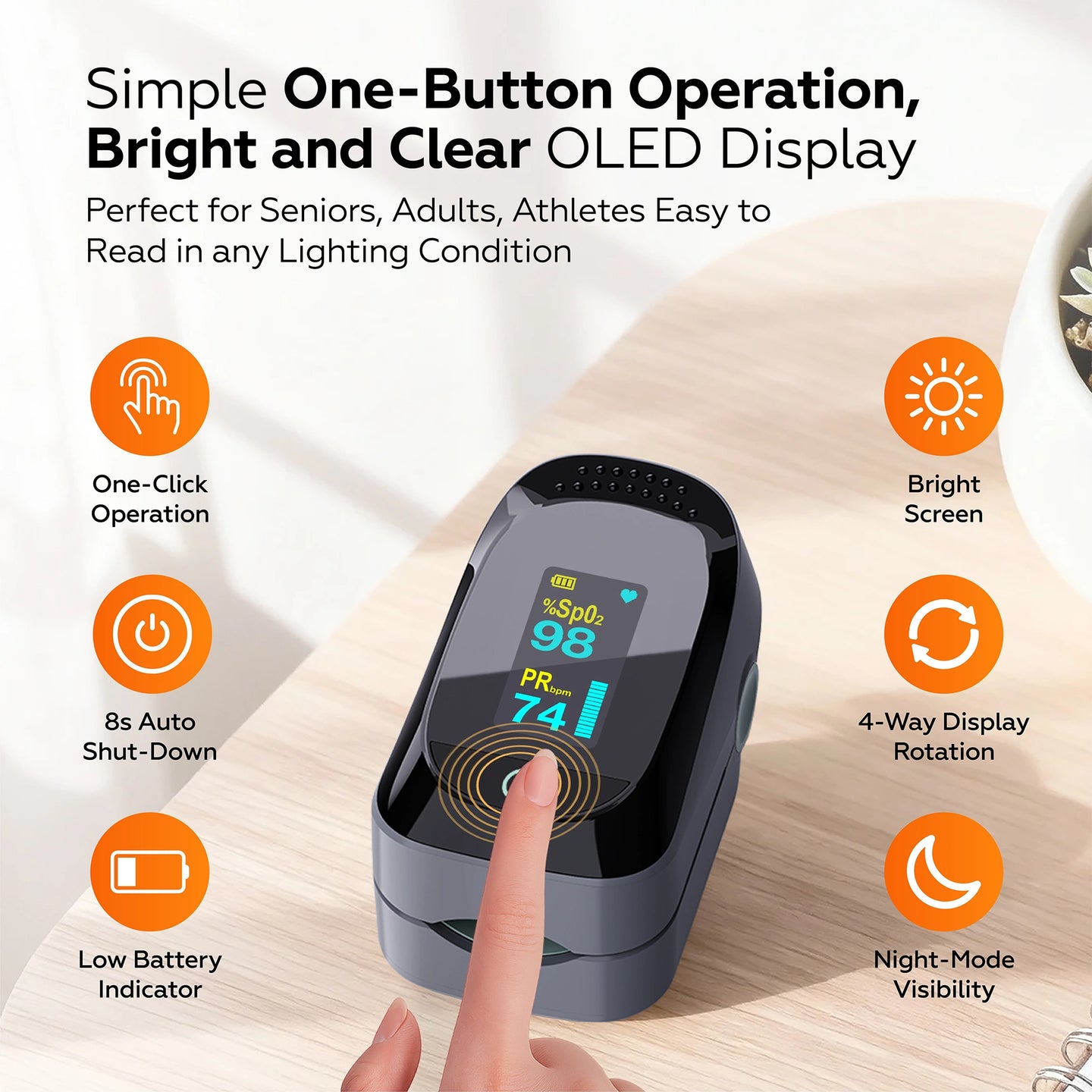 Finger pulse oximeter with features highlighted on a light wooden surface