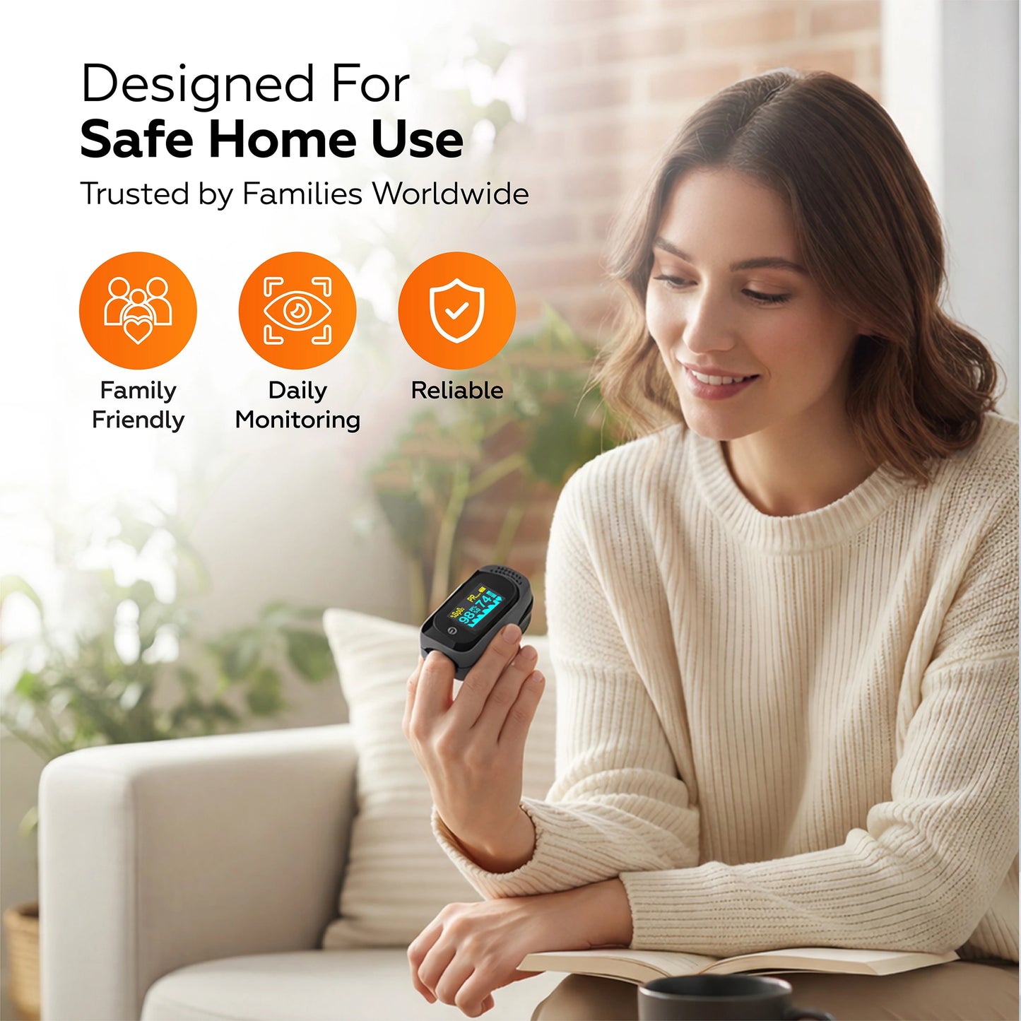 Woman holding a digital device in a home setting with text about safe home use.