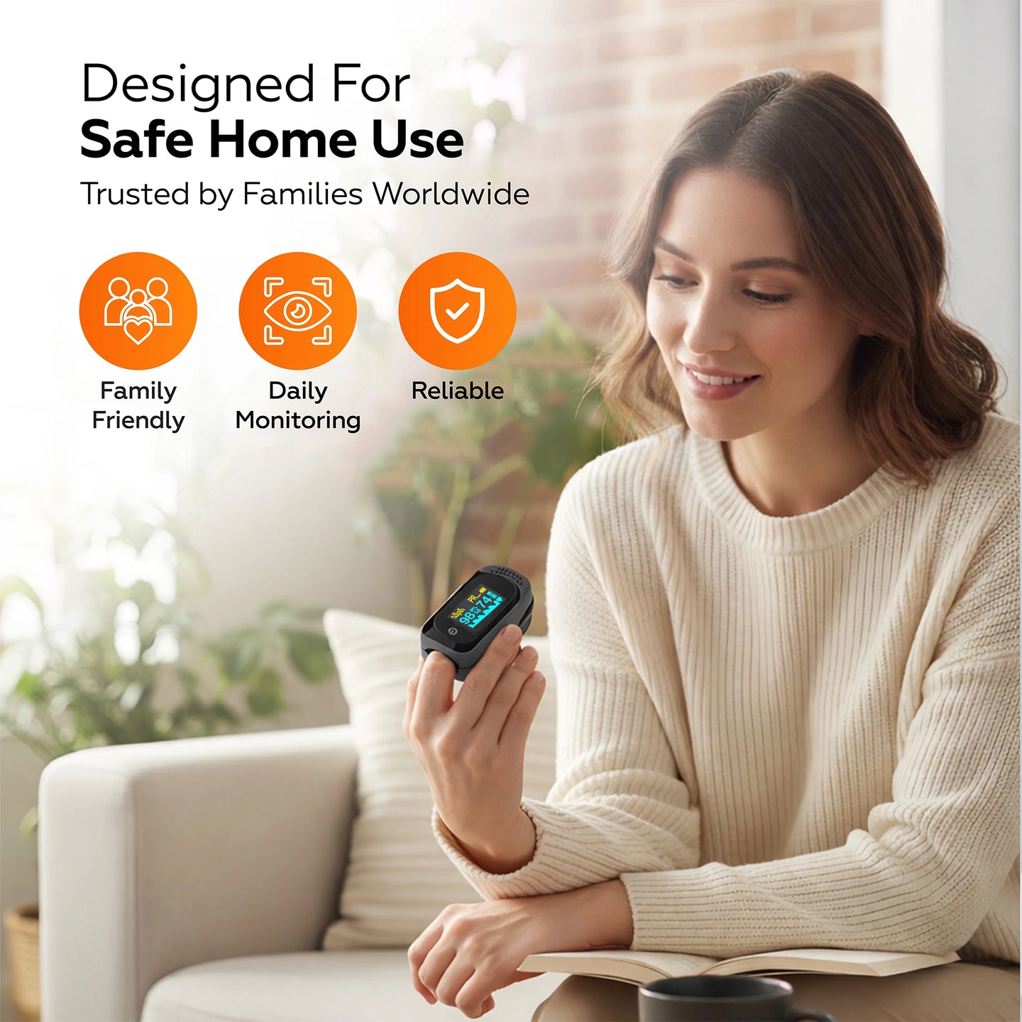 Woman holding a digital device in a home setting with text about safe home use.