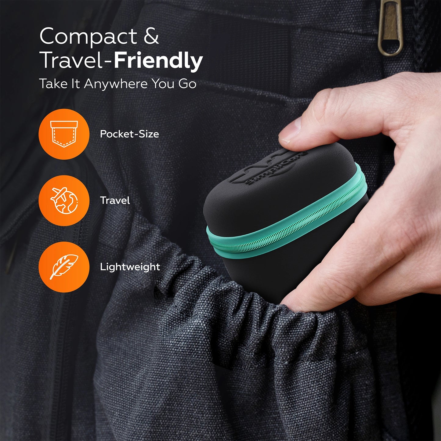 Compact travel case being placed into a pocket with text highlighting features.