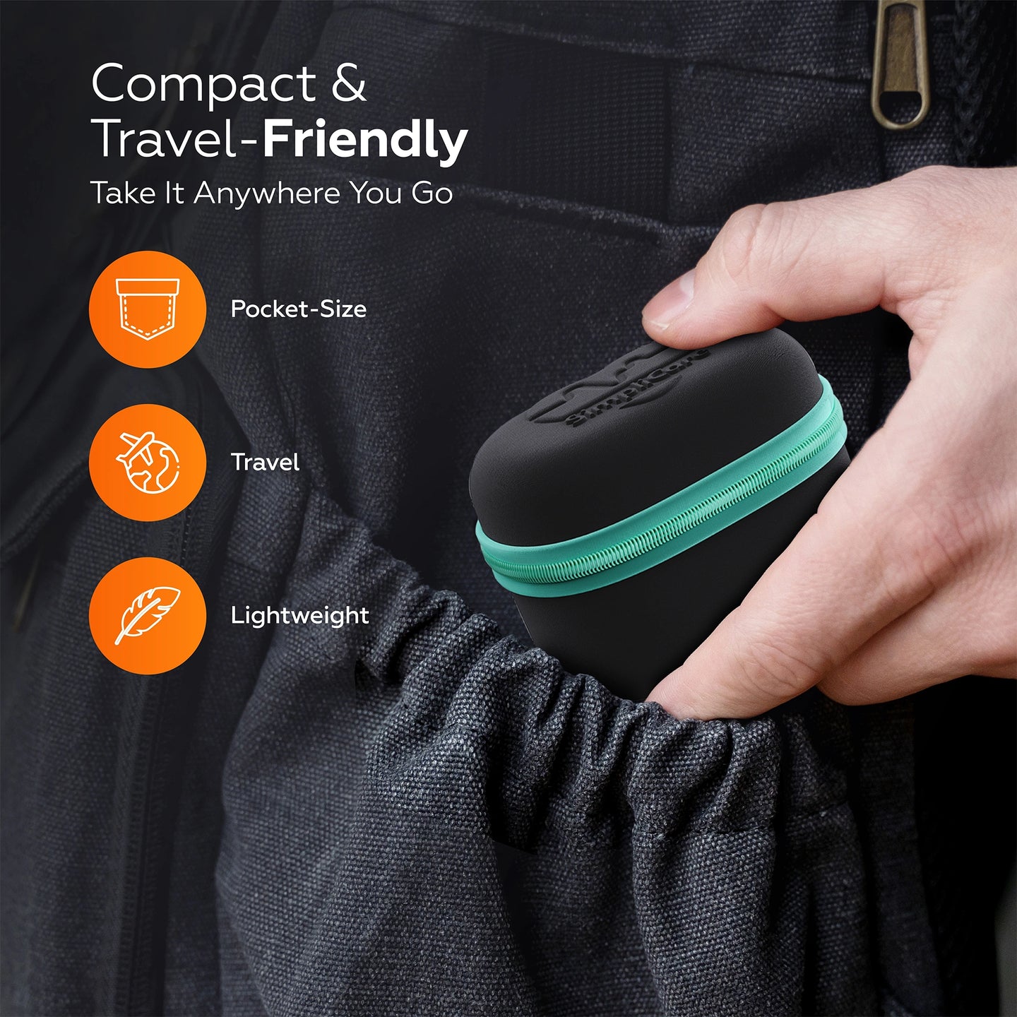 Compact travel case being placed into a pocket with text highlighting features.