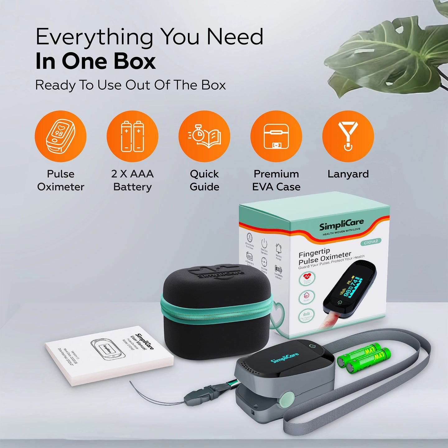 Pulse oximeter set with packaging, battery, and accessories on a light gray background.