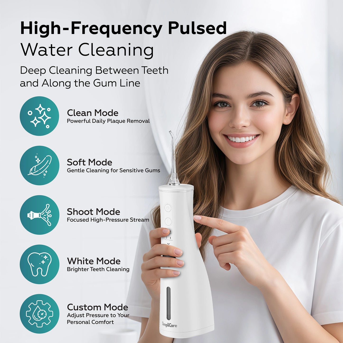 Woman holding a dental water flosser with features listed on a white background