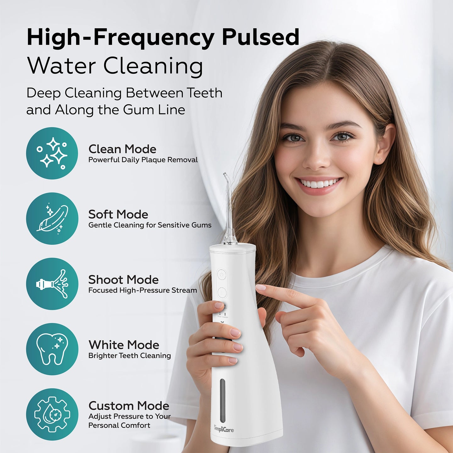 Woman holding a dental water flosser with features listed on a white background