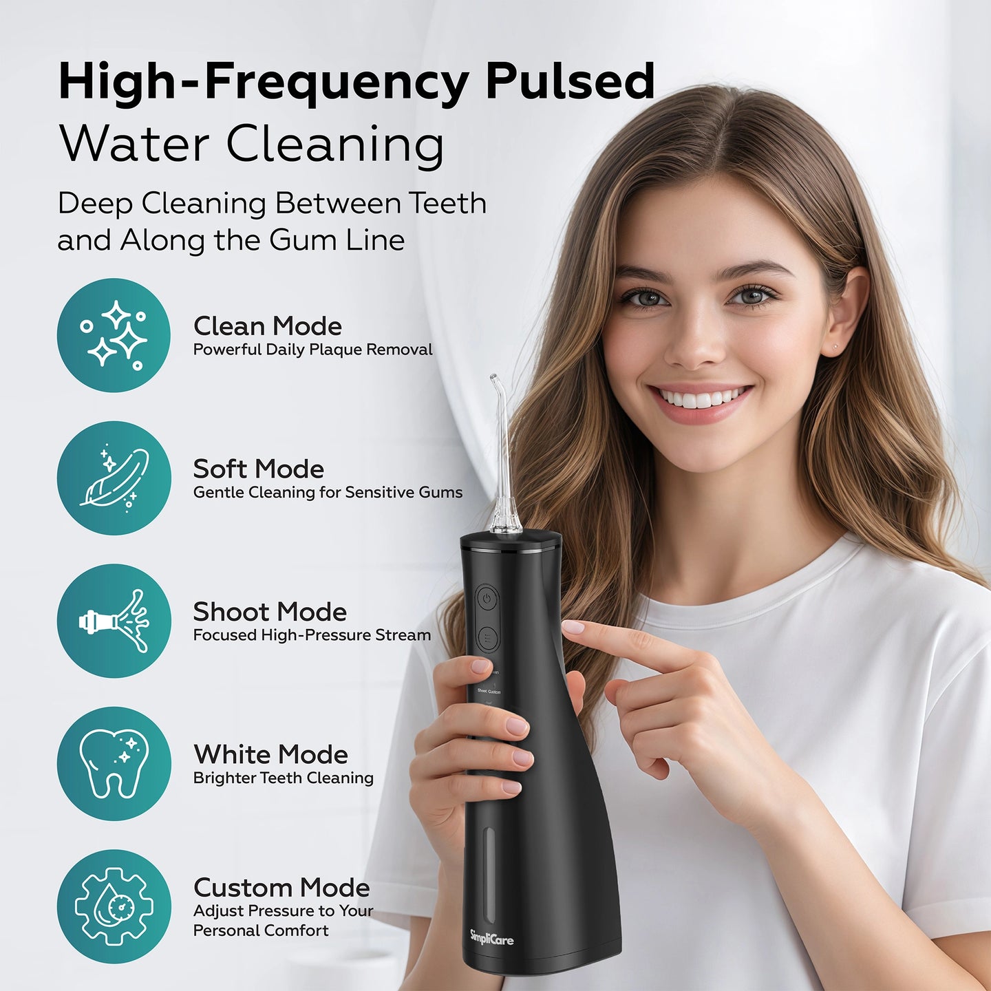 Close-up of the 5 cleaning modes: Clean, Soft, Shoot, White, and Custom mode for personalized gum and teeth cleaning.