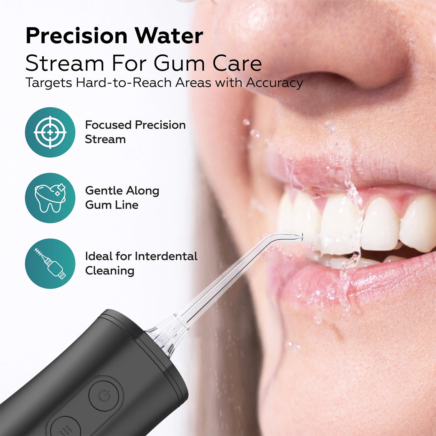 Demonstration of the precision water stream targeting the gum line and interdental areas for effective plaque removal.