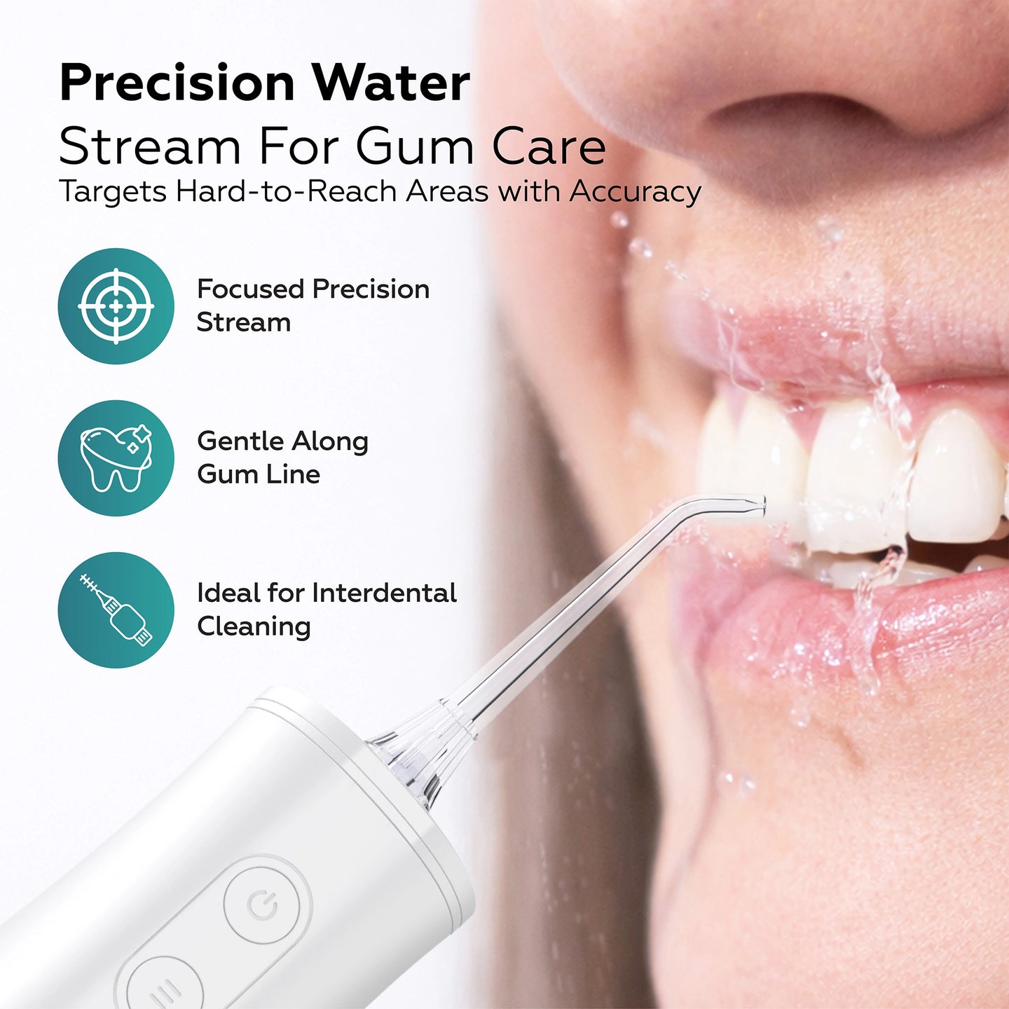 Dental water flosser with text on gum care benefits and close-up of use.