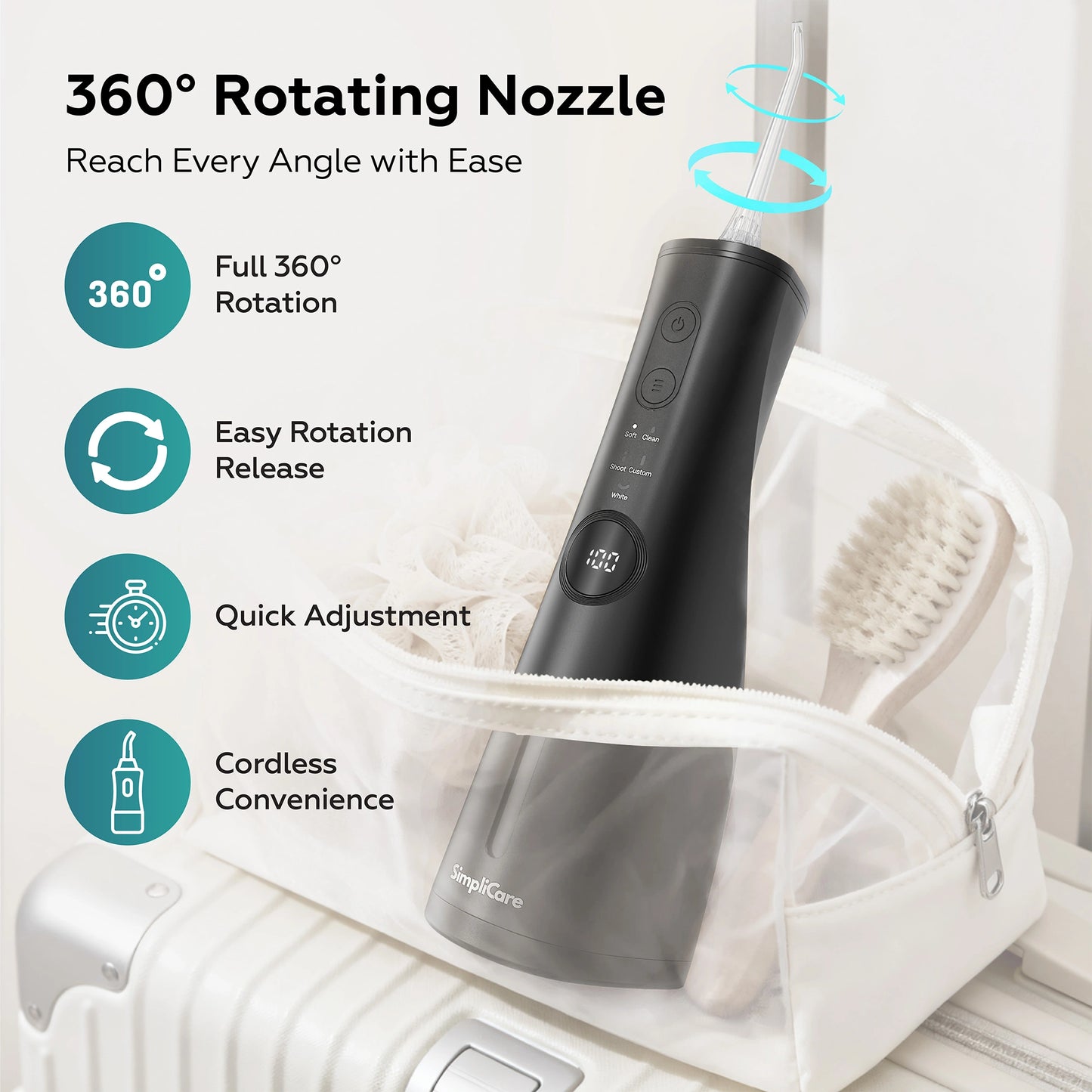 Demonstration of the 360-degree rotating nozzle for reaching every angle of the mouth, shown in a travel vanity bag for cordless convenience.