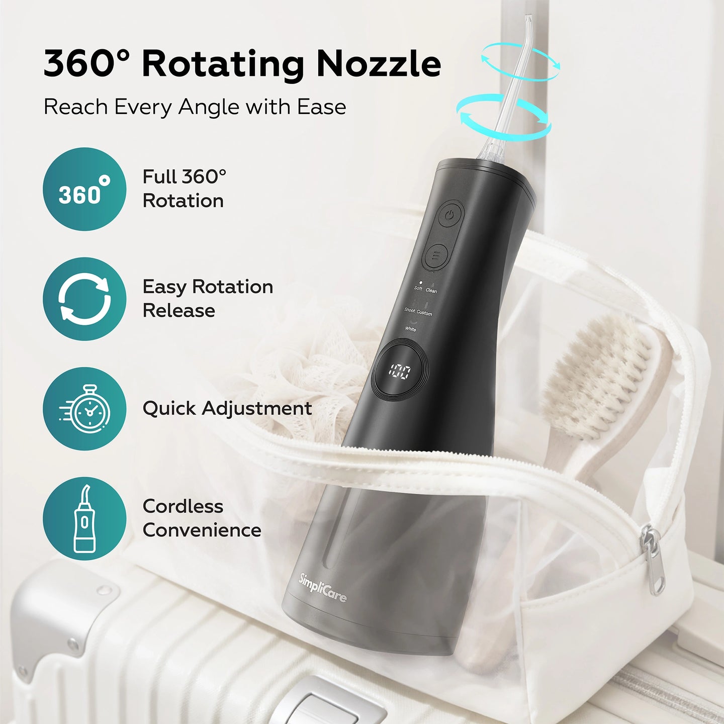 Demonstration of the 360-degree rotating nozzle for reaching every angle of the mouth, shown in a travel vanity bag for cordless convenience.