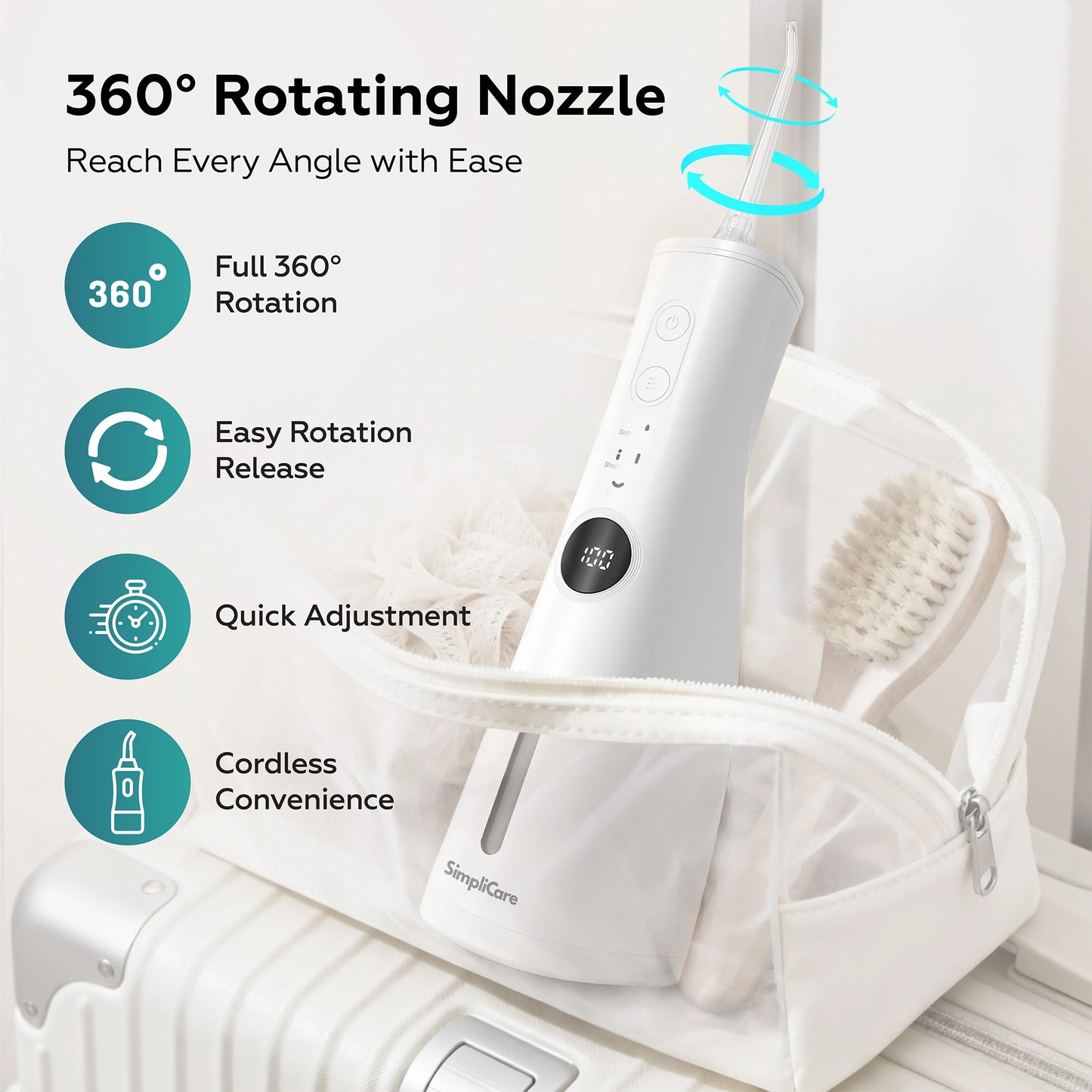 White handheld cleaning tool with 360-degree rotating nozzle, displayed in a white carrying case.