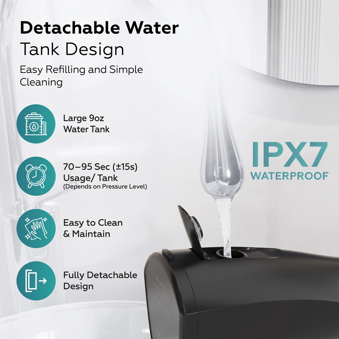 Product with detachable water tank design, IPX7 waterproof feature, and ease of use features on a white background.
