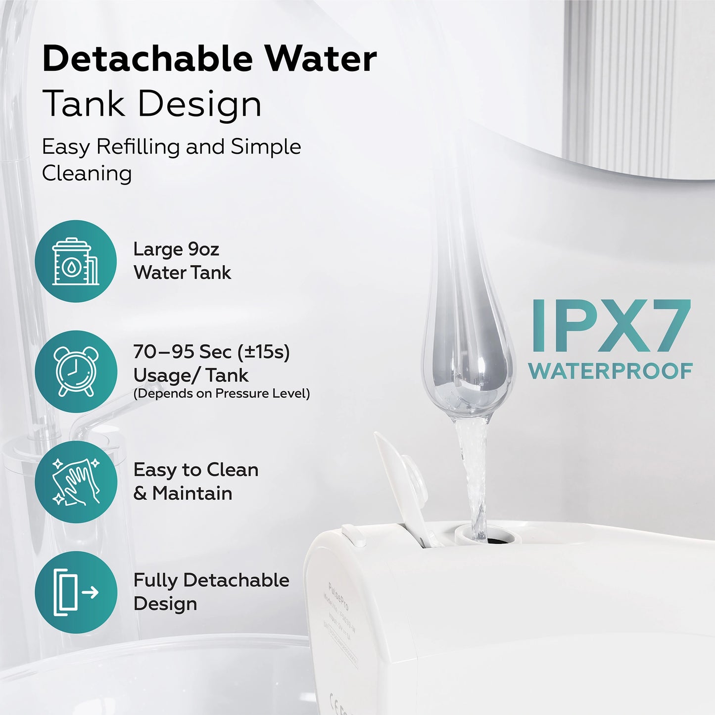 Product with detachable water tank design, IPX7 waterproof feature, and ease of use features on a white background.