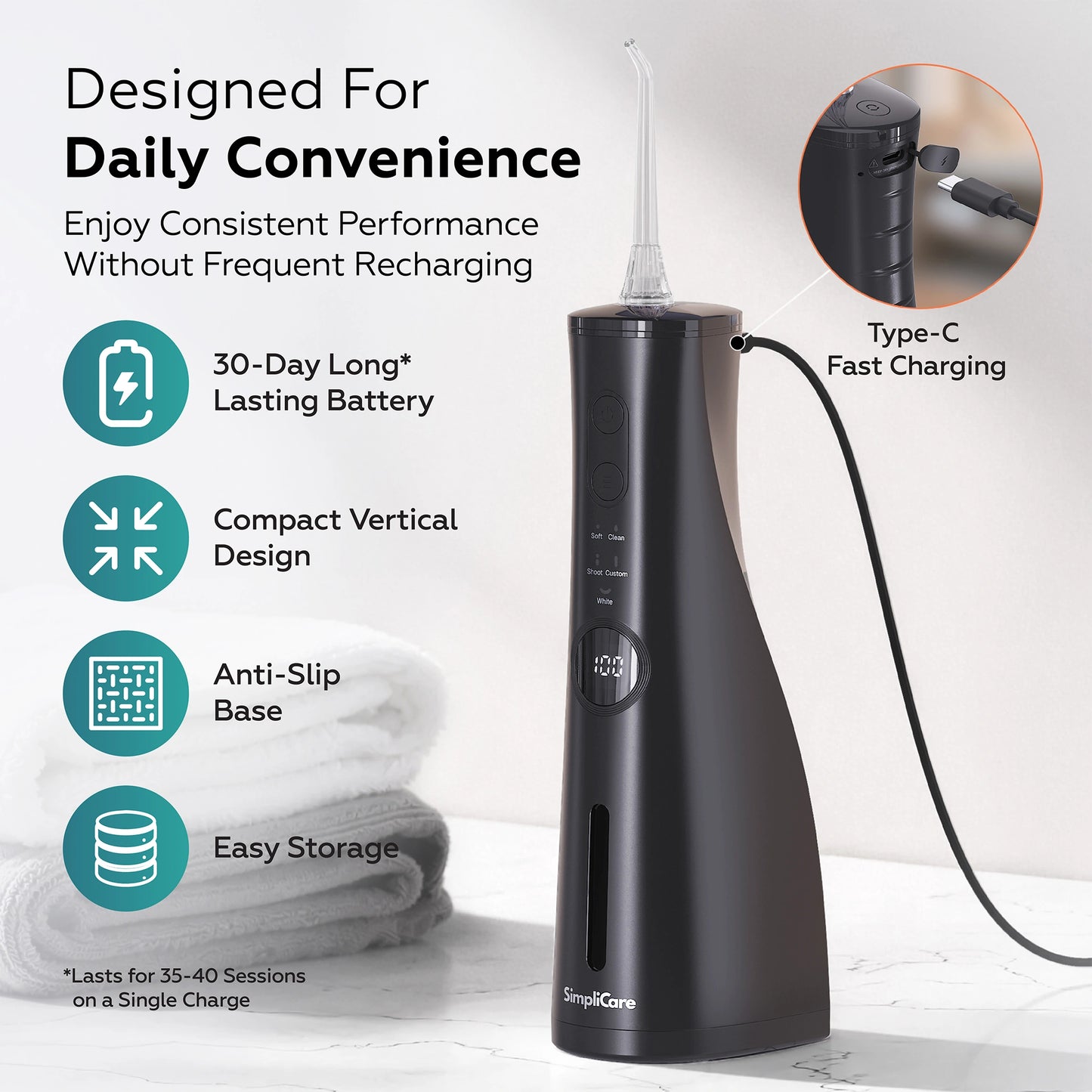 Black dental water flosser with charging cable on a white background, featuring text about its features.