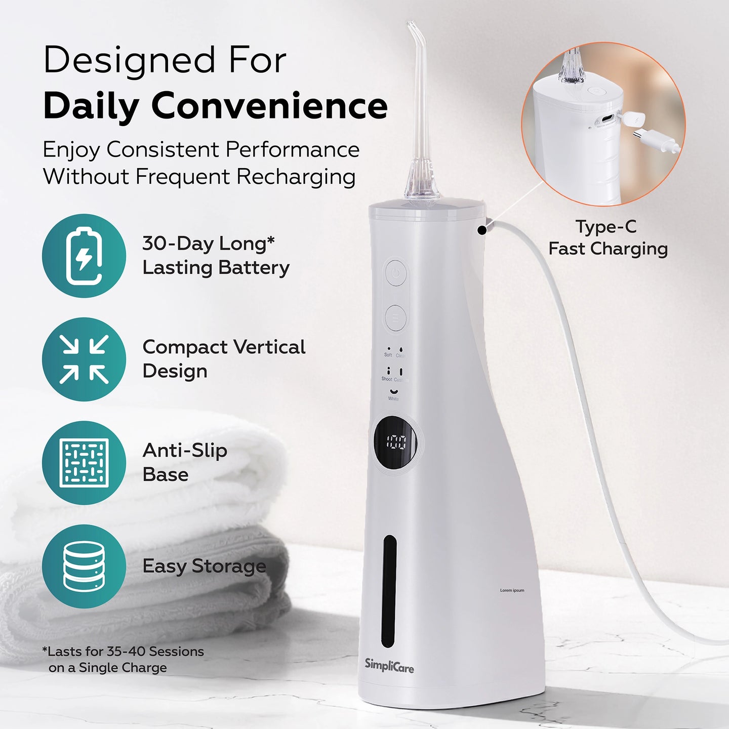 White dental water flosser with charging cable on a light background, featuring text about its features.