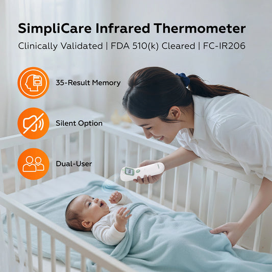 Woman using SimpliCare Infrared Thermometer on a baby in a crib with product features highlighted.