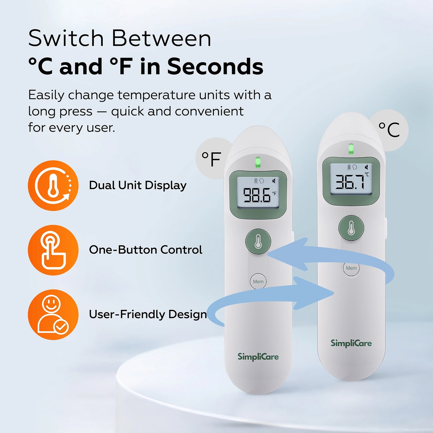 Two digital thermometers with dual unit display and user-friendly design on a light blue background.